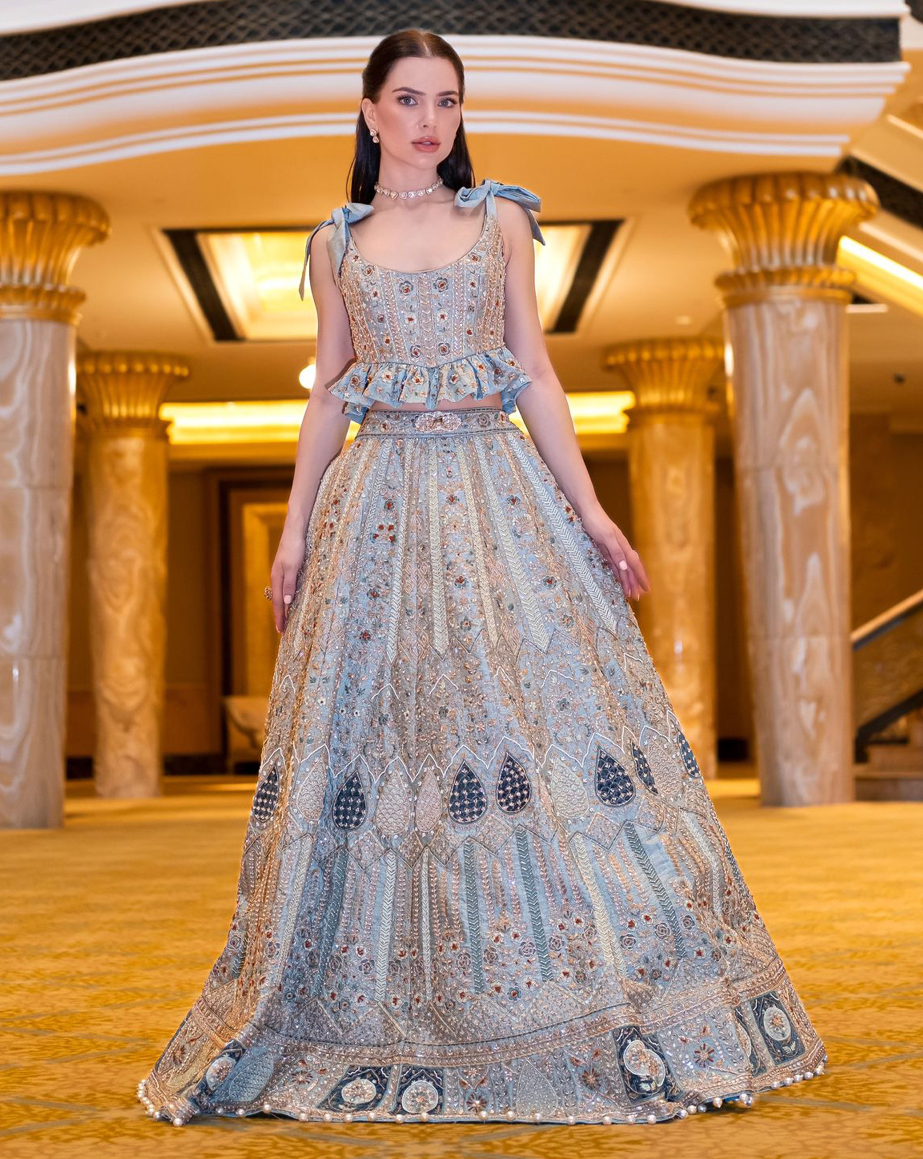 SAGE GREEN DROP PEARL EMBELLISHED LEHENGA SET