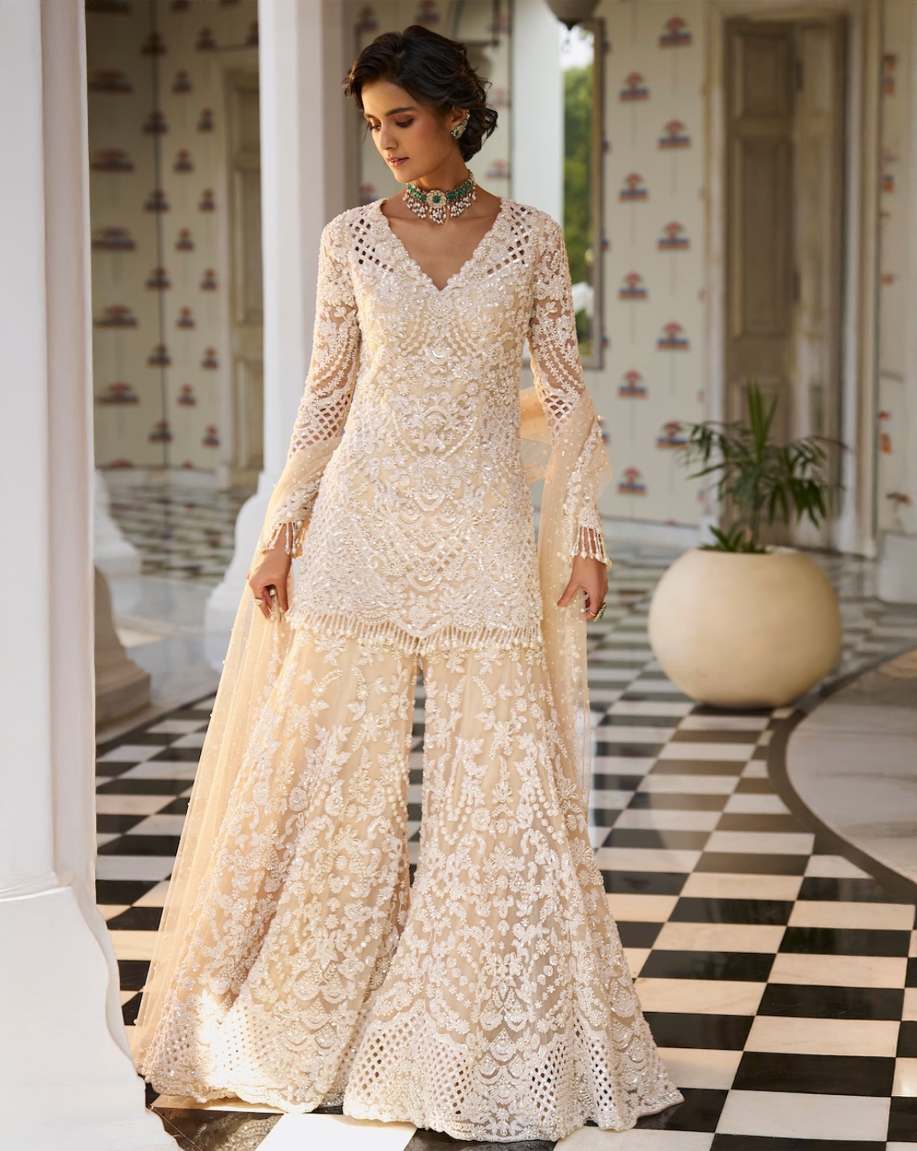 long sleeve sharara dress Nude Pearl Sharara Set