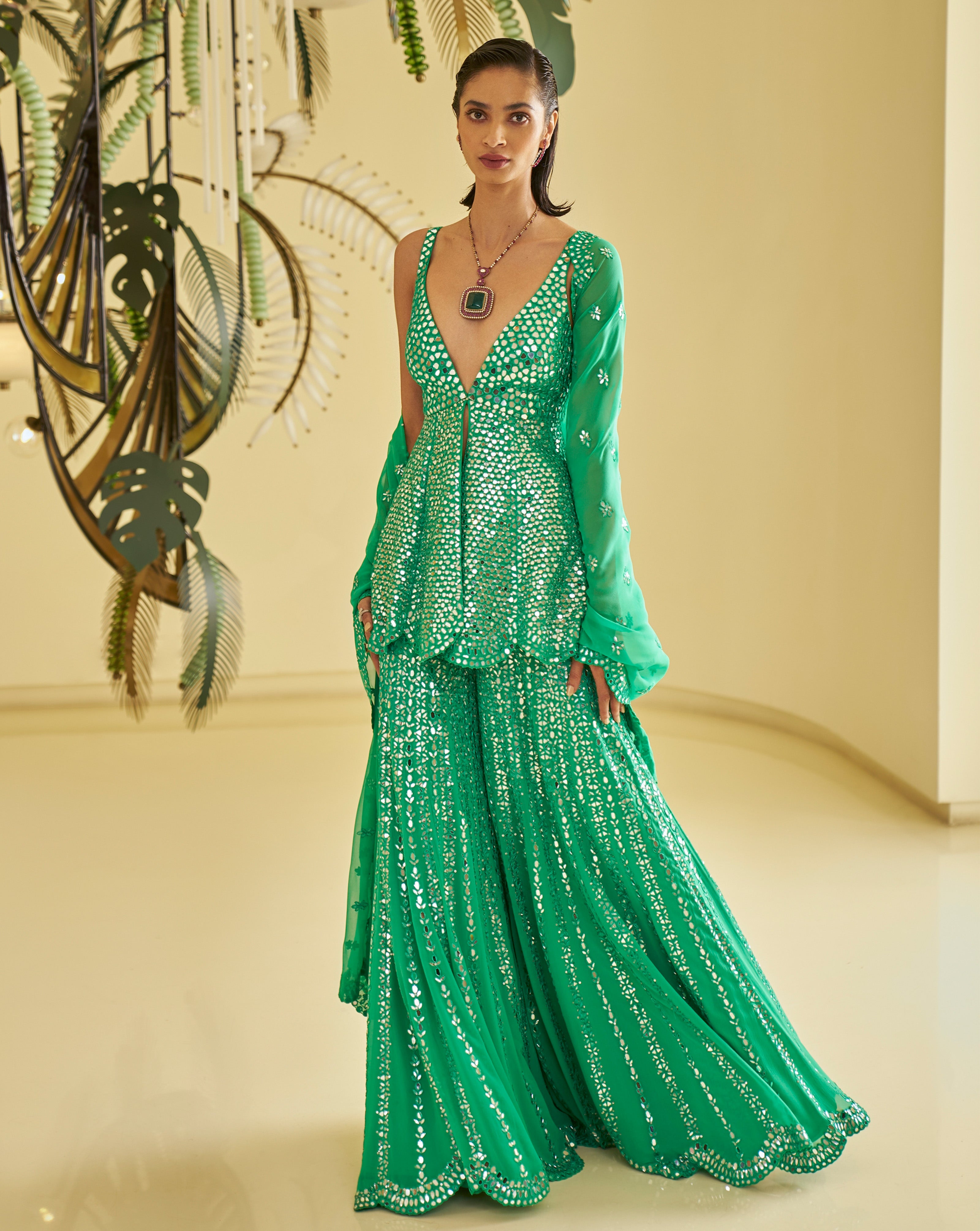 slim fit dress slacks Teal Green Floral Embroidered Anarkali Sharara Set – Cholimarket main image 0