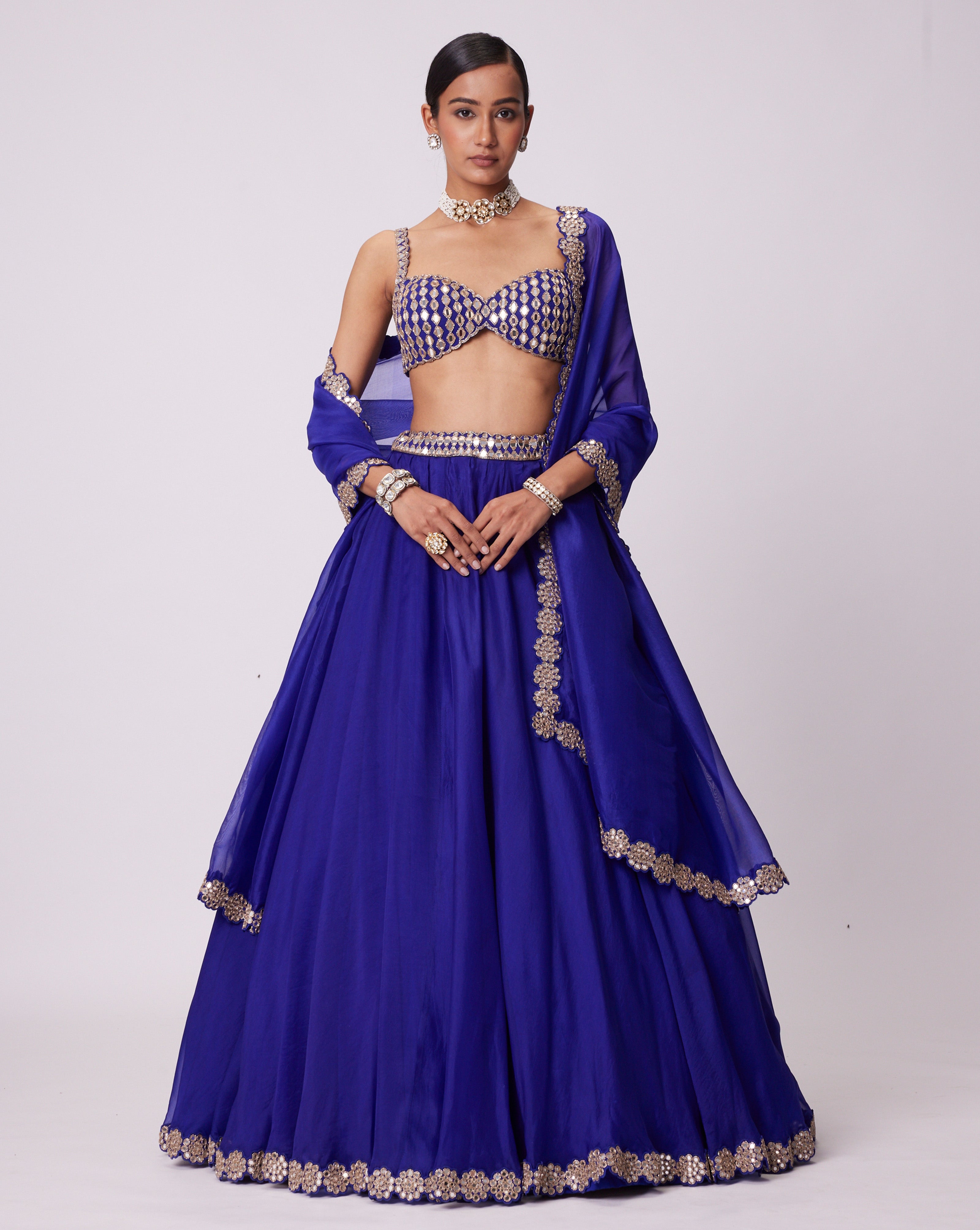 English blue mirror lehenga set