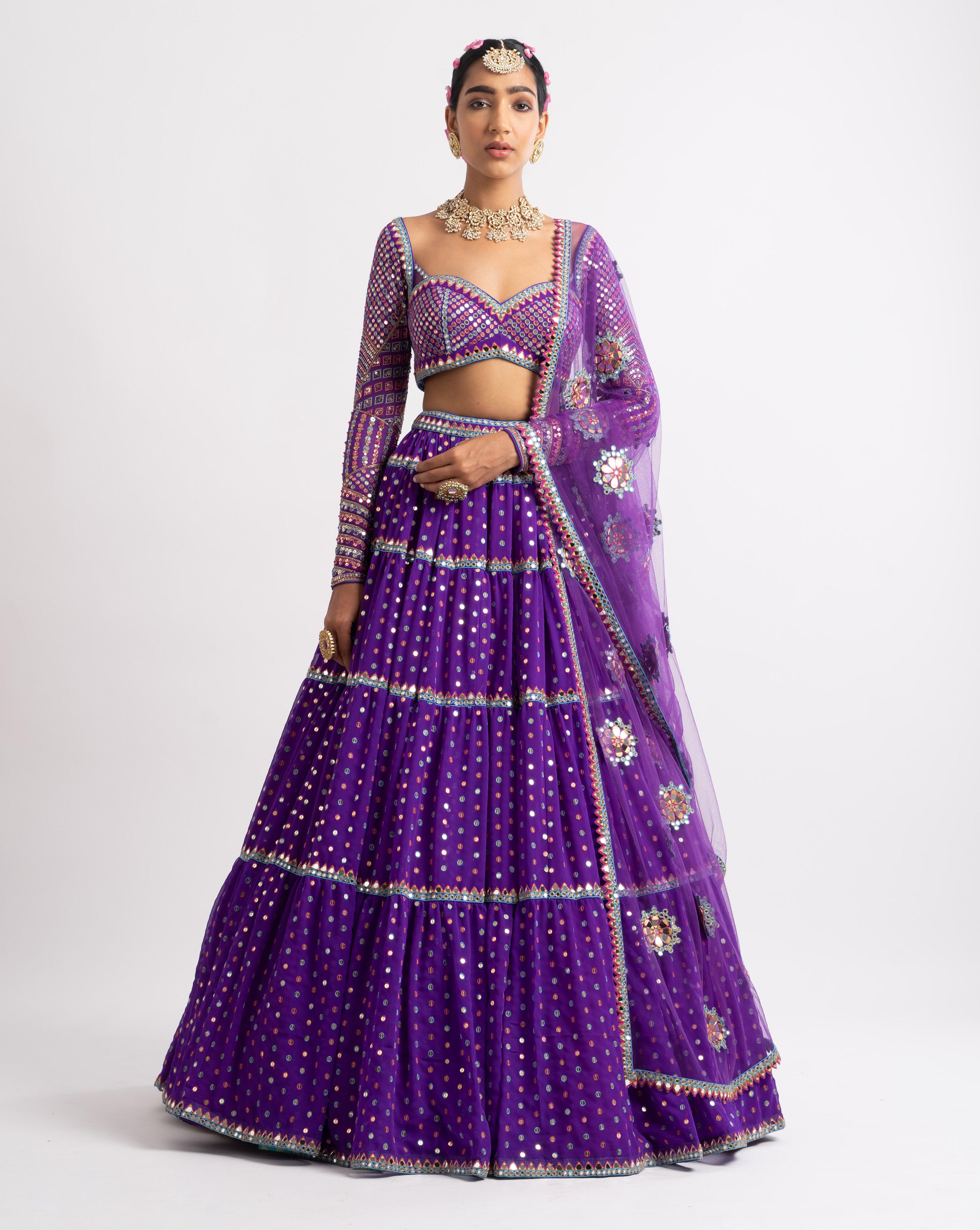 Purple multicolor noorani sequins scatter lehenga set main image 0