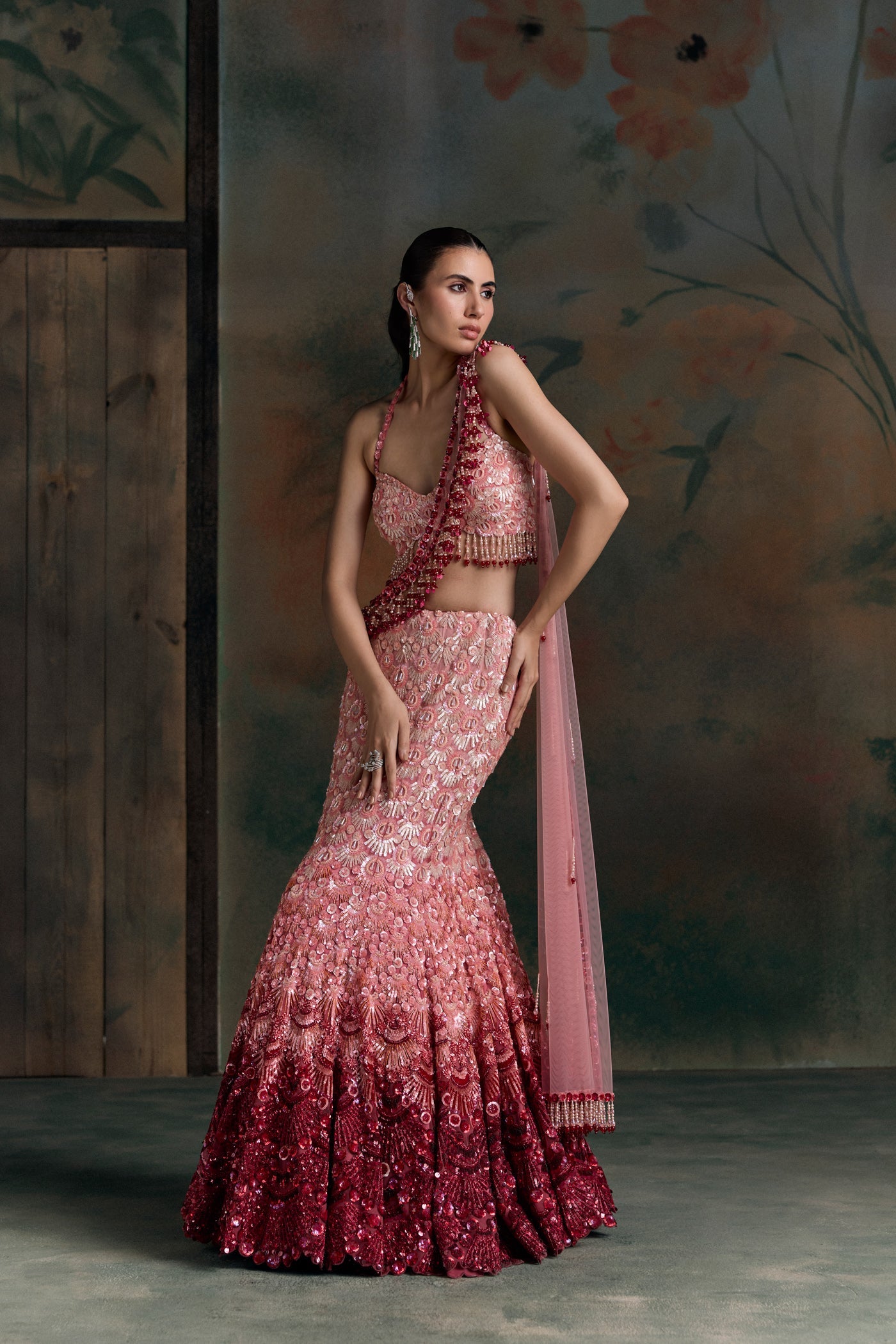 Red Pink Ombre Elion Fischut Lehenga Set