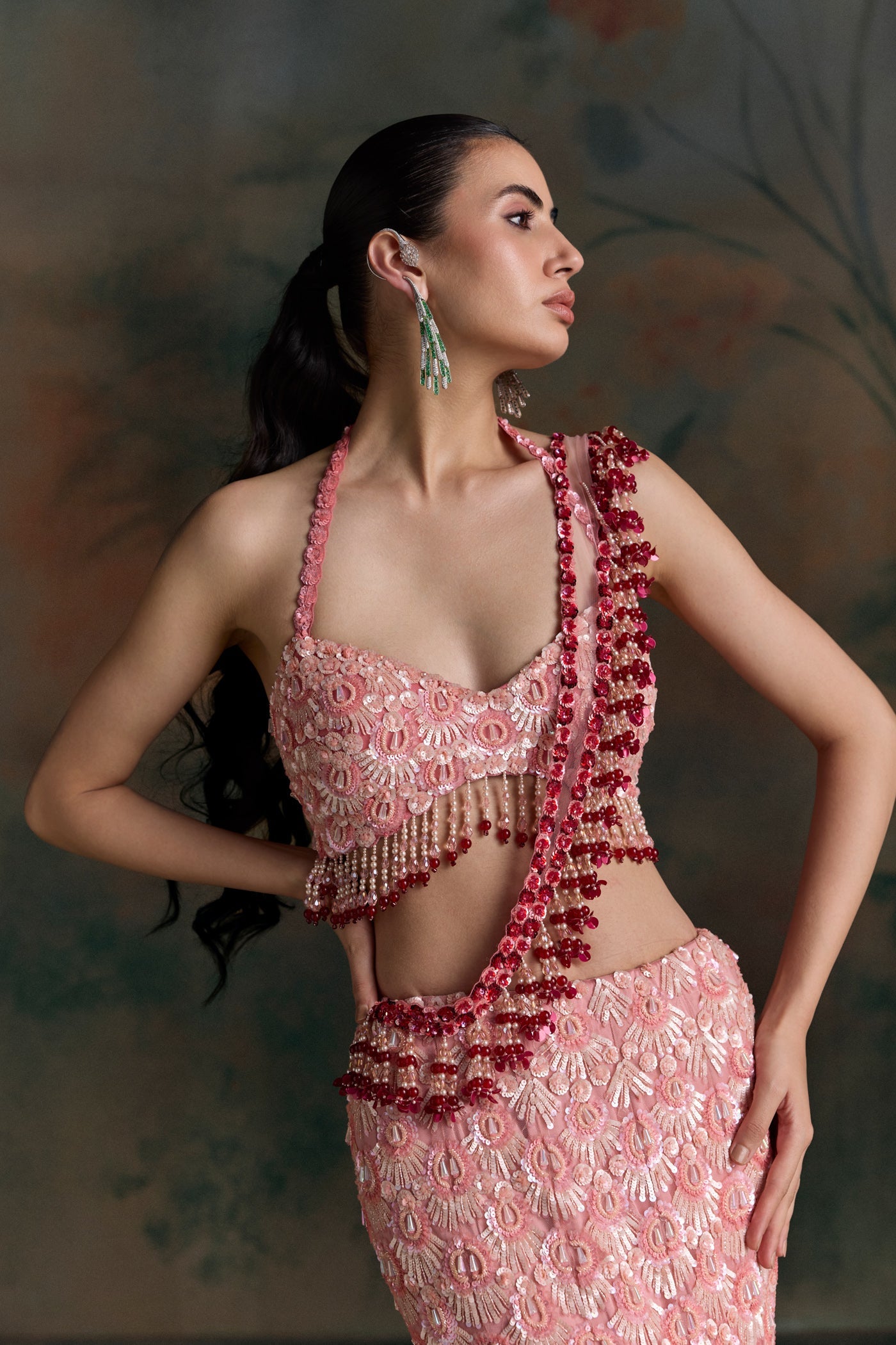 Red Pink Ombre Elion Fischut Lehenga Set