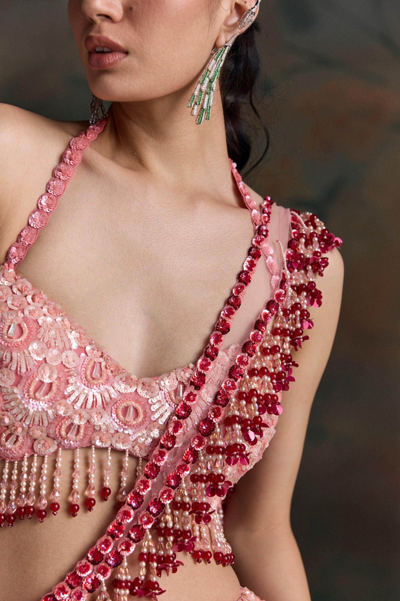 Red Pink Ombre Elion Fischut Lehenga Set