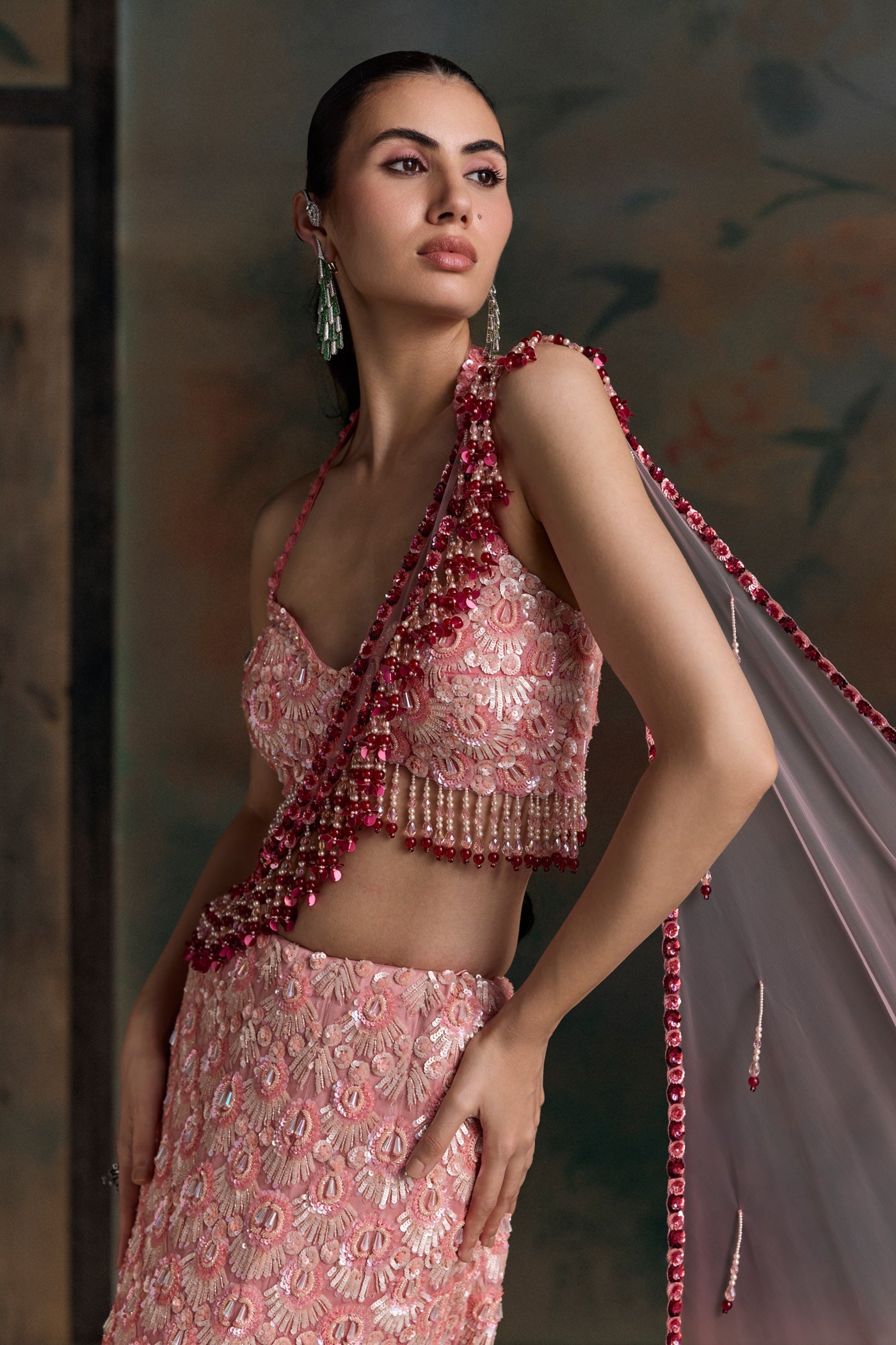 Red Pink Ombre Elion Fischut Lehenga Set