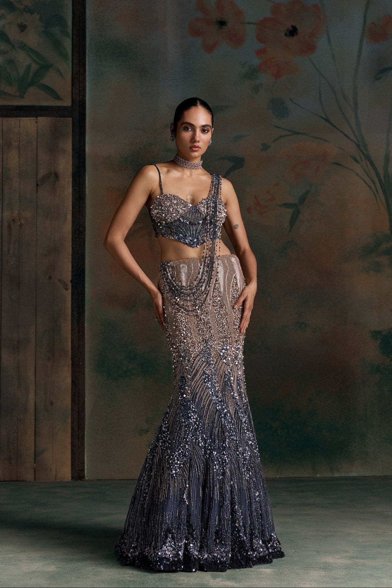 Midnight Blue Peach Ombre Orialis Fishcut Lehenga Set