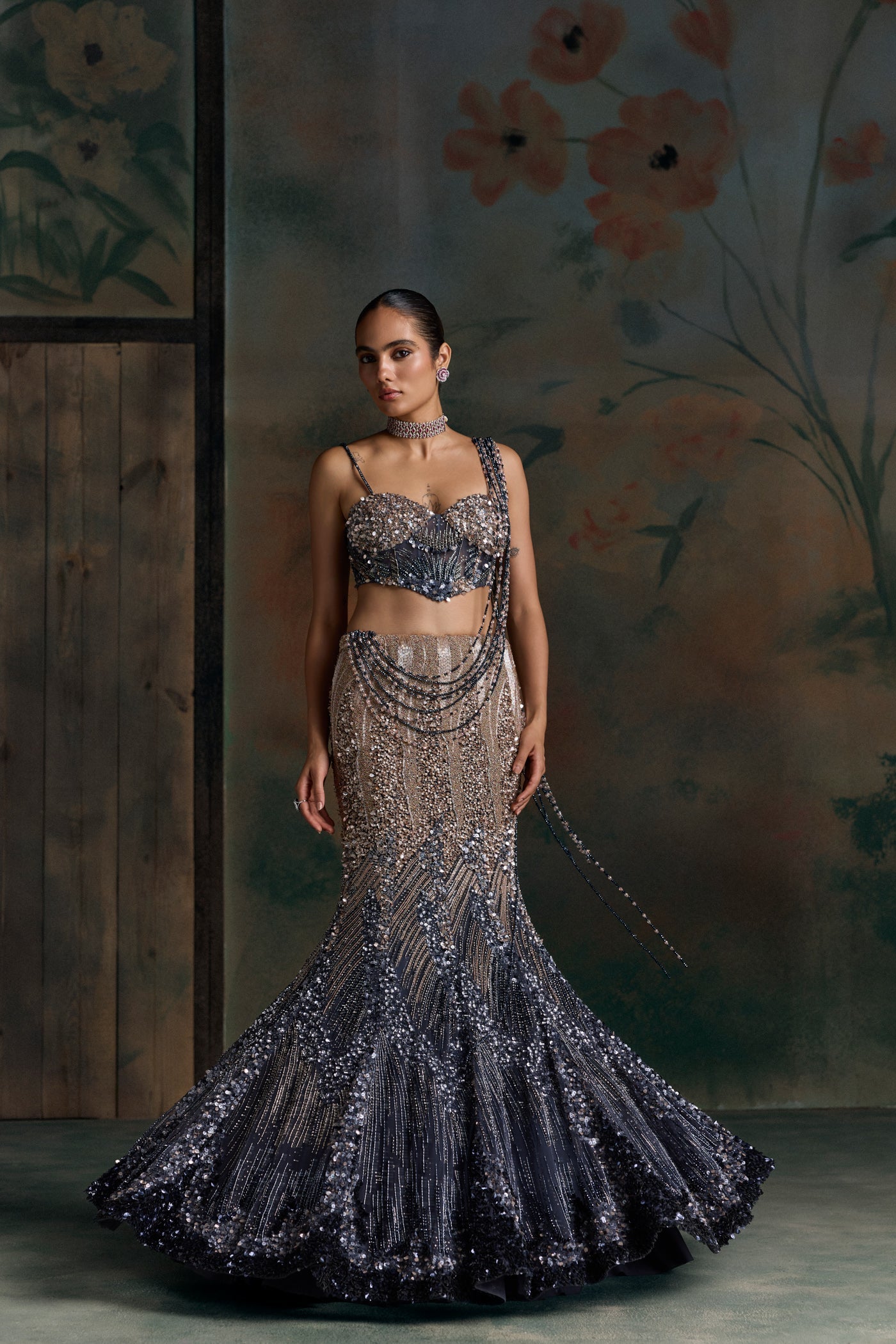 Midnight Blue Peach Ombre Orialis Fishcut Lehenga Set