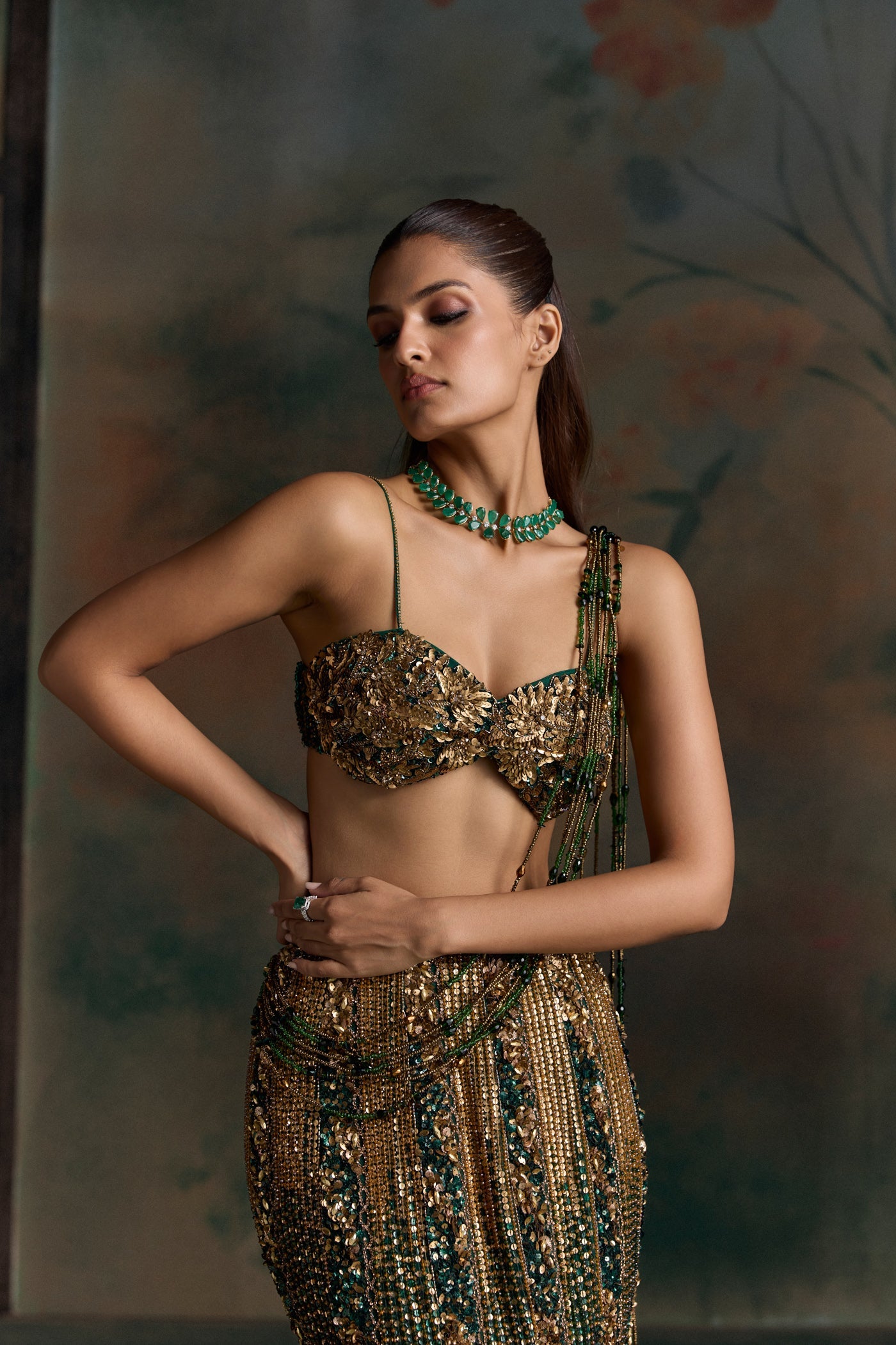 Green Gold Verian Fischut Lehenga Set