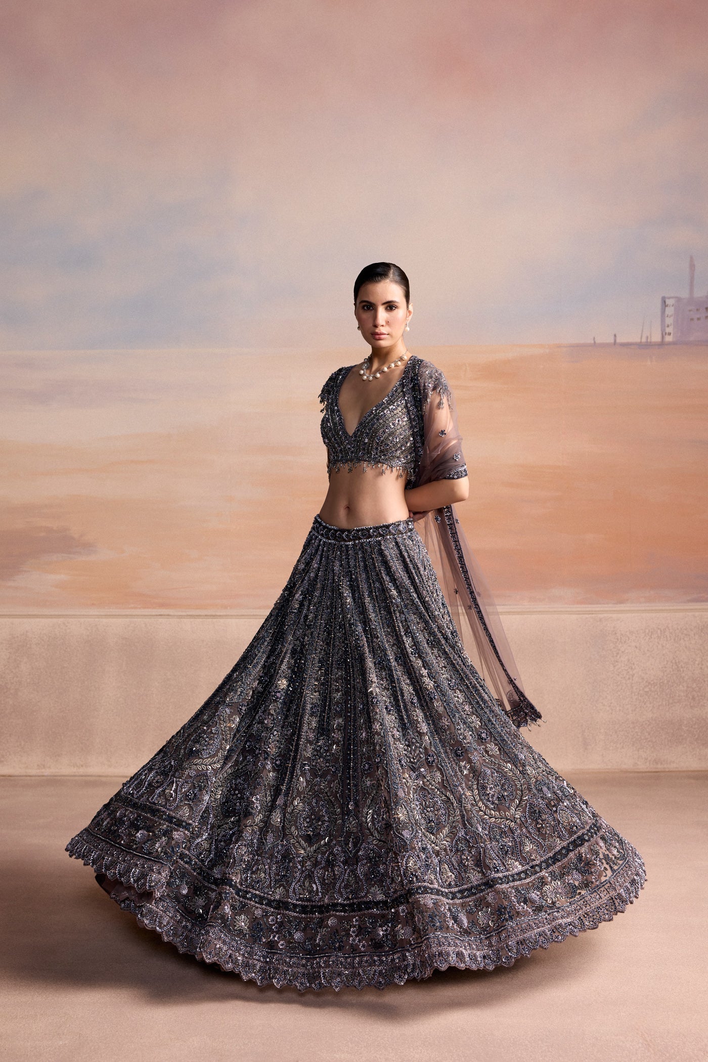 Midnight Grey Blue Sylven Lehenga Set