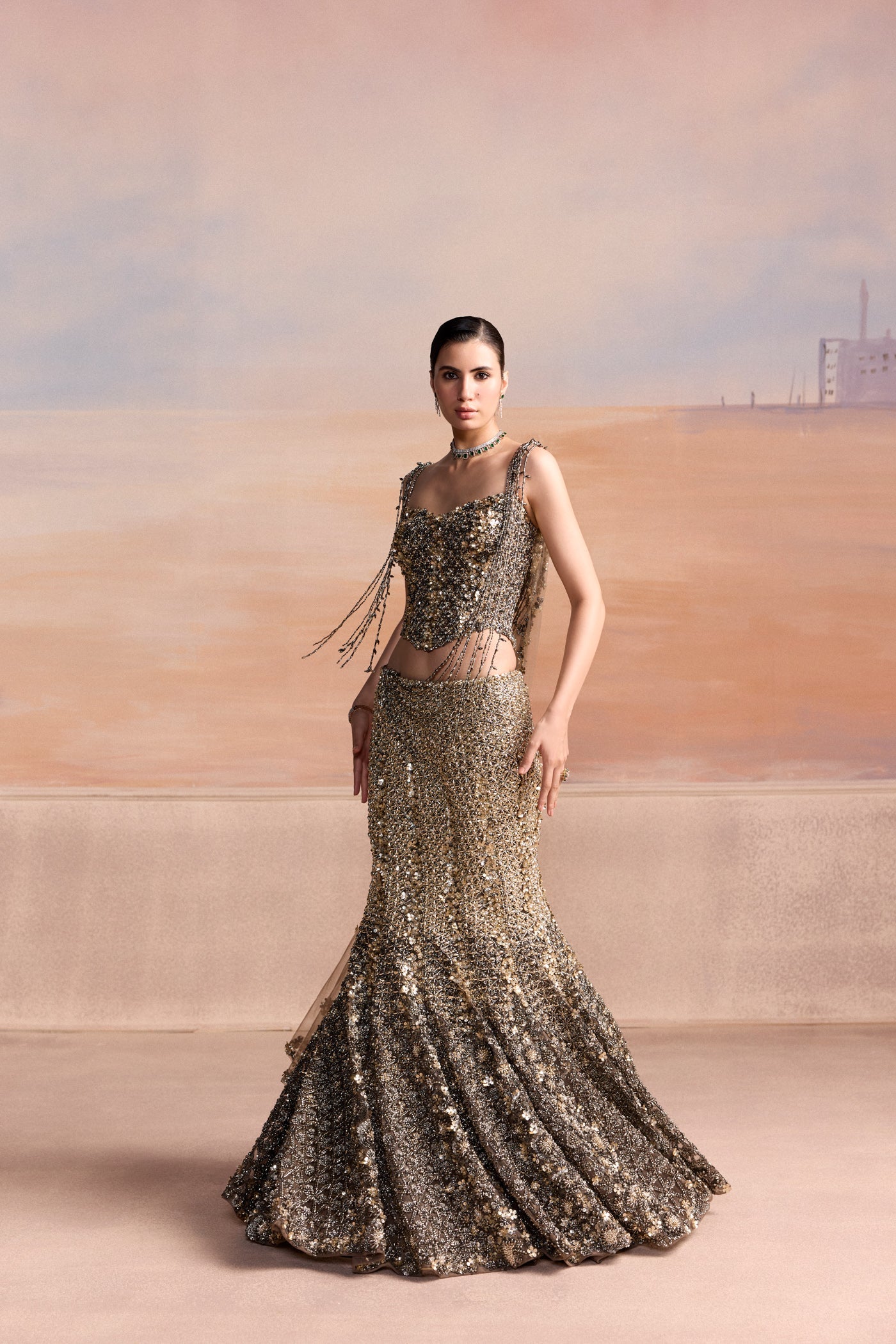 Grey Gold Fishcut Avior Lehenga Set