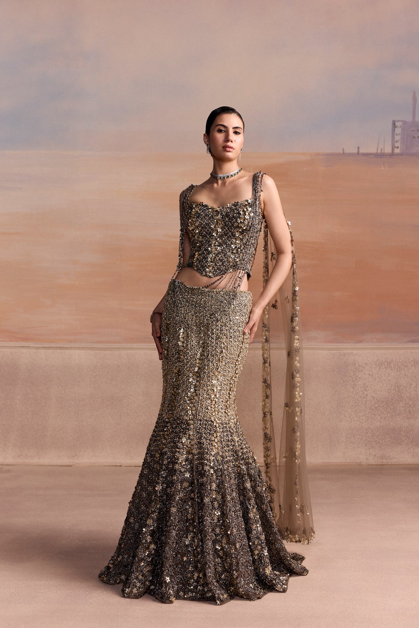 Grey Gold Fishcut Avior Lehenga Set