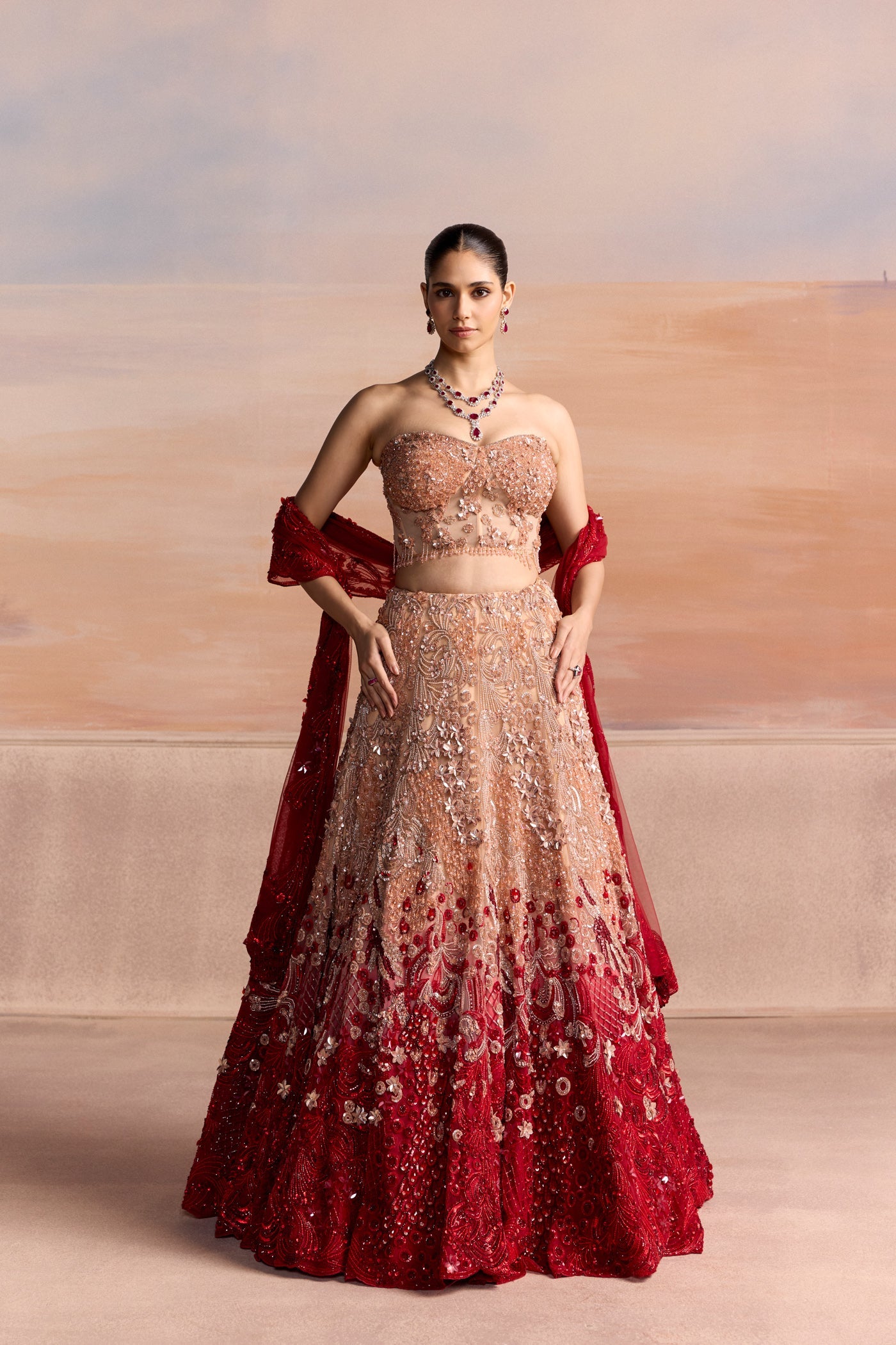 Peach Red Ombre Seren Lehenga Set