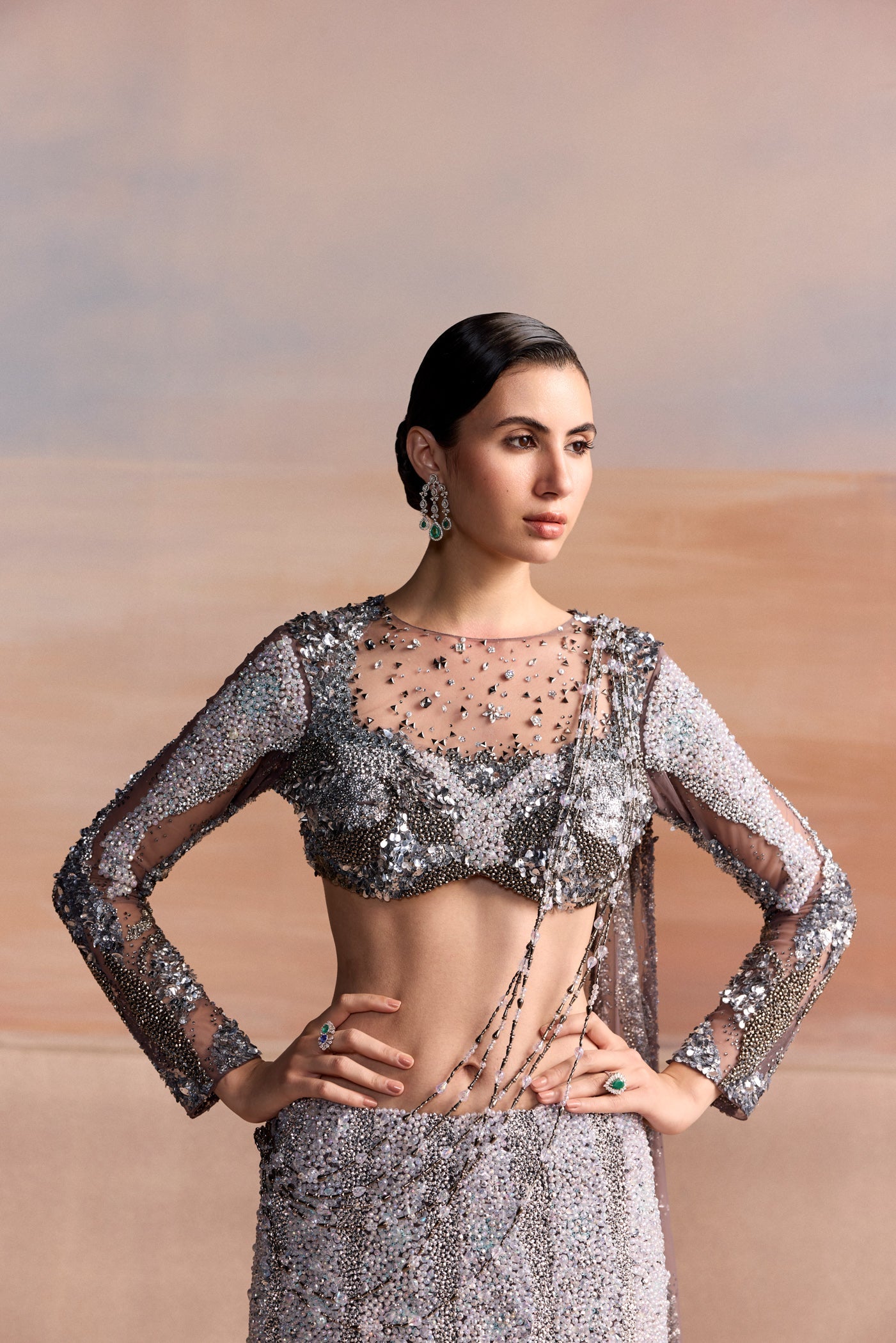 Charcoal Grey Silver Ombre Fishcut Valen Lehenga Set