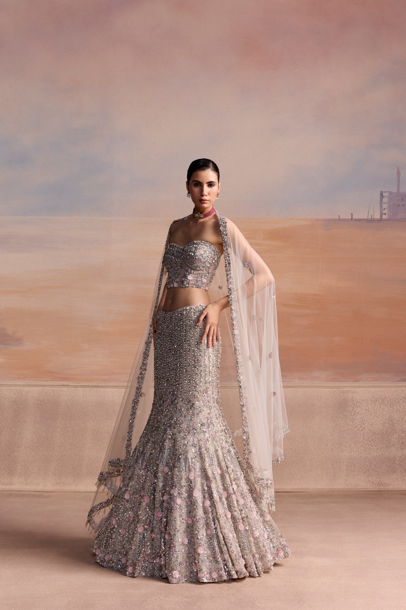 Silver Pink Fishcut Orialis Lehenga Set