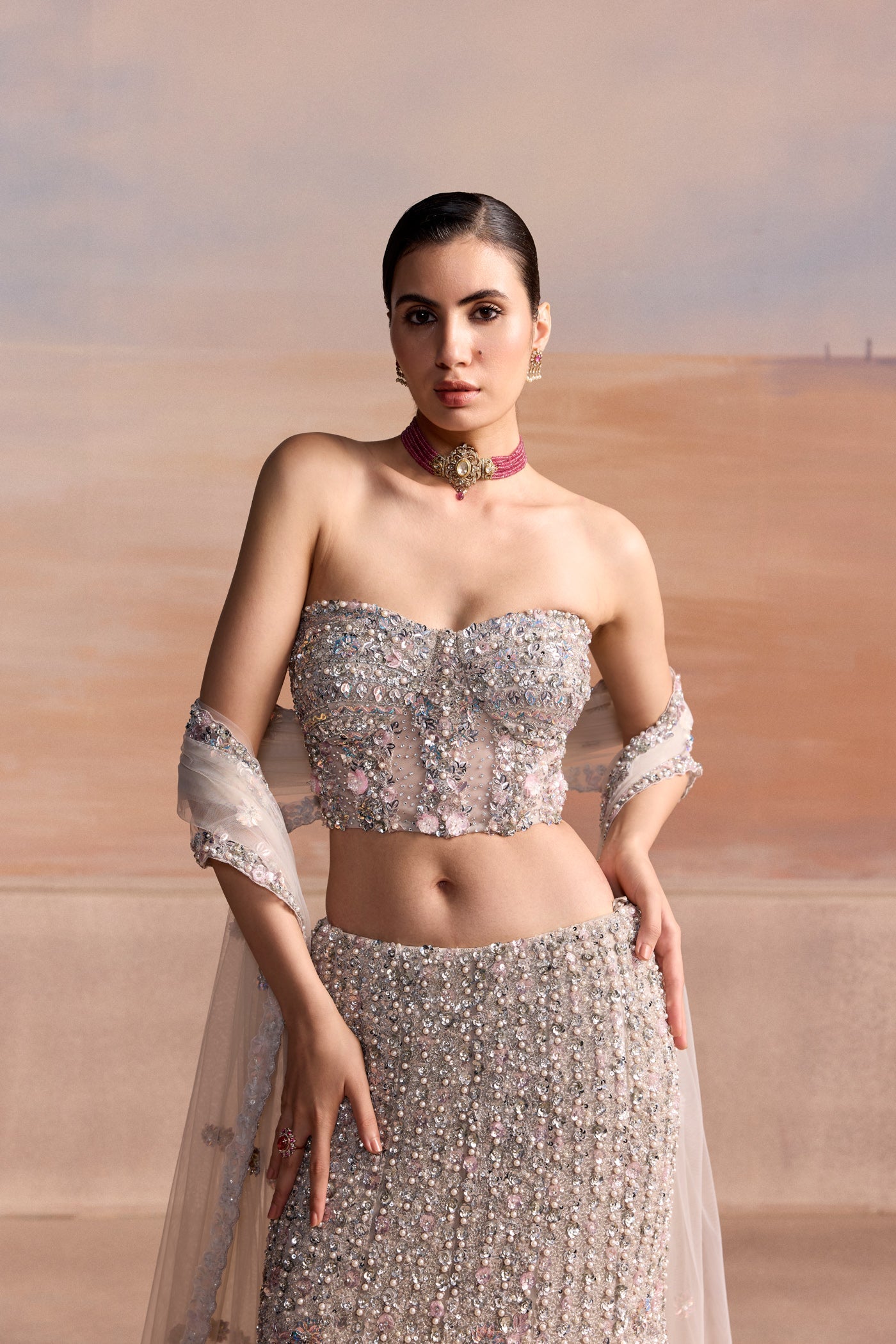 Silver Pink Fishcut Orialis Lehenga Set