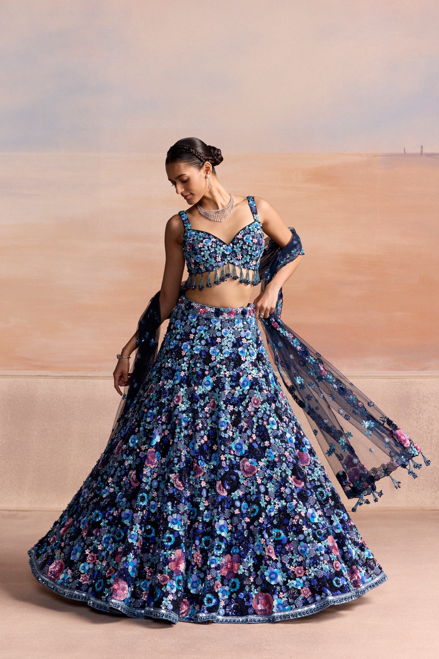 Blue Pink Multicolour Isola Lehenga Set