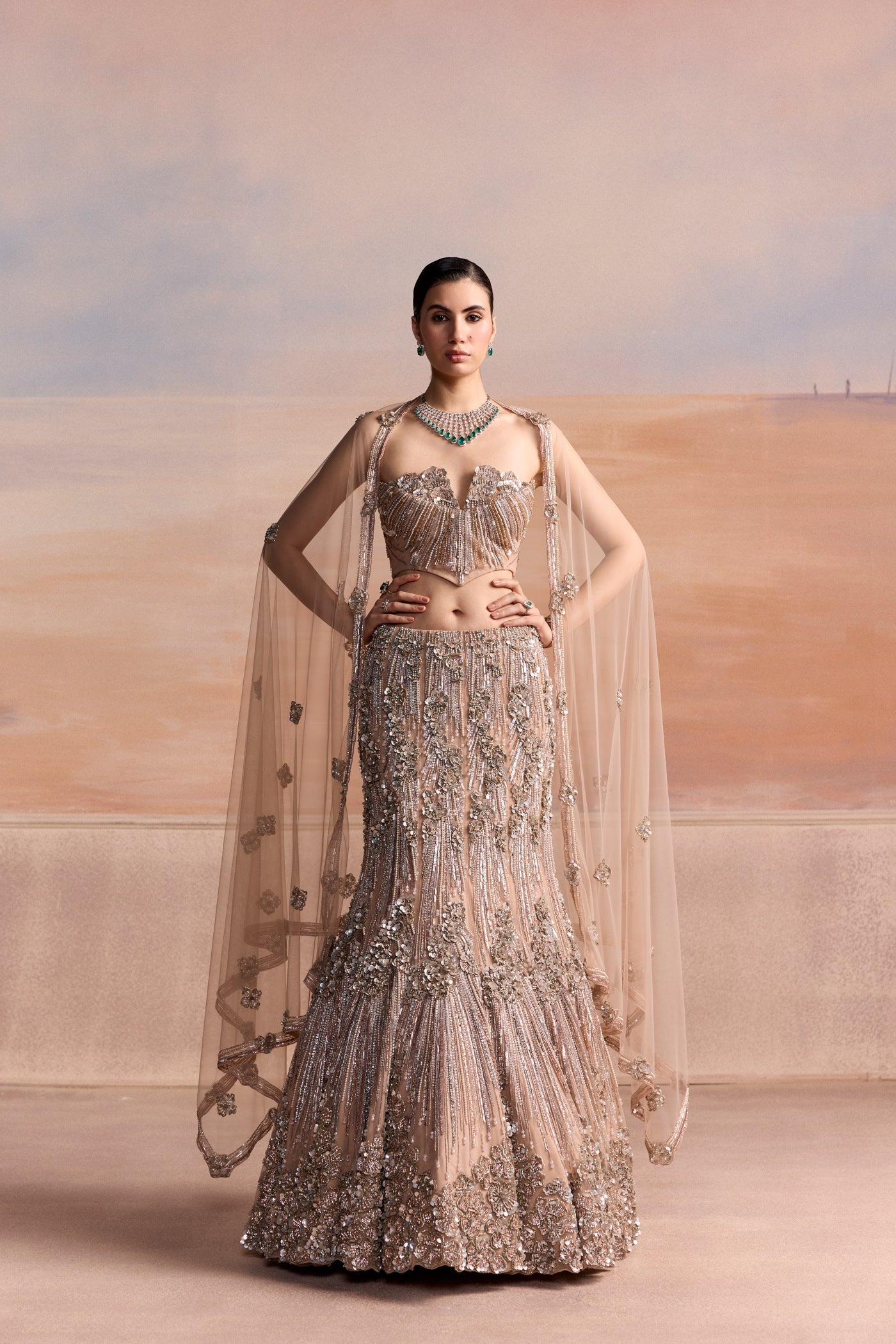 Peach Silver Corset Fishcut Estelle Lehenga Set