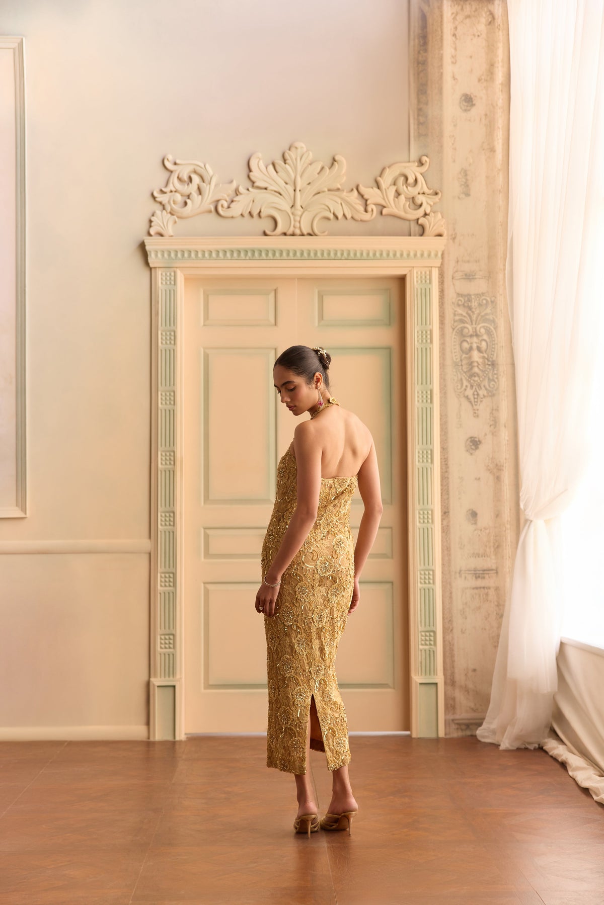 Golden Dusk- Lace Pencil Dress
