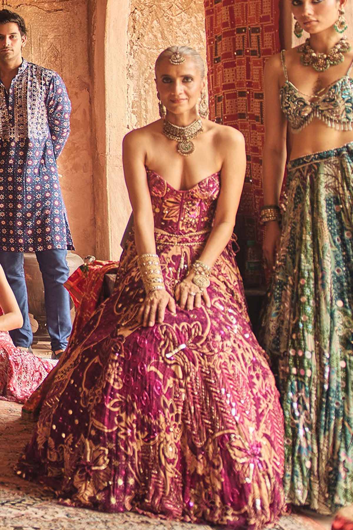 Green Floral Blouse With Statement Highlighted Lehenga Set