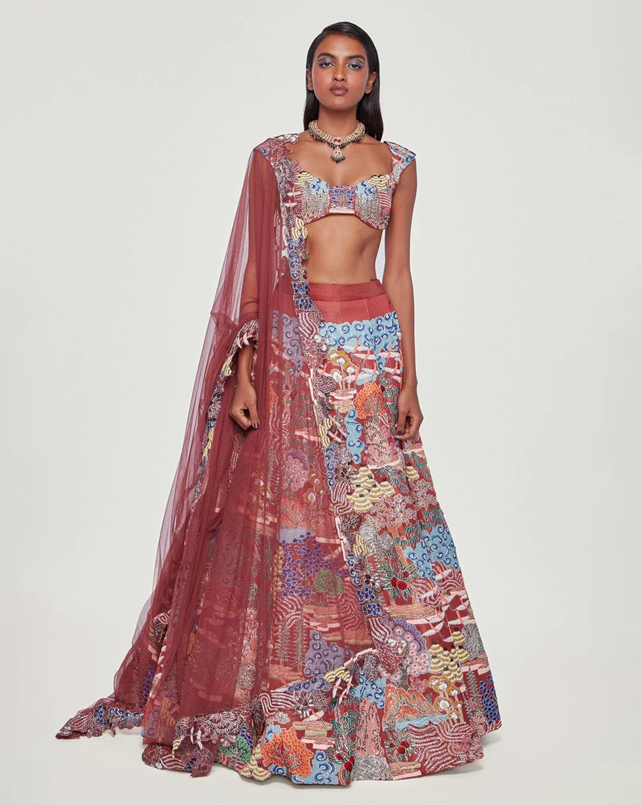 Maroon Silk Appliquéd And Embellished Lehenga With Blouse And Dupatta