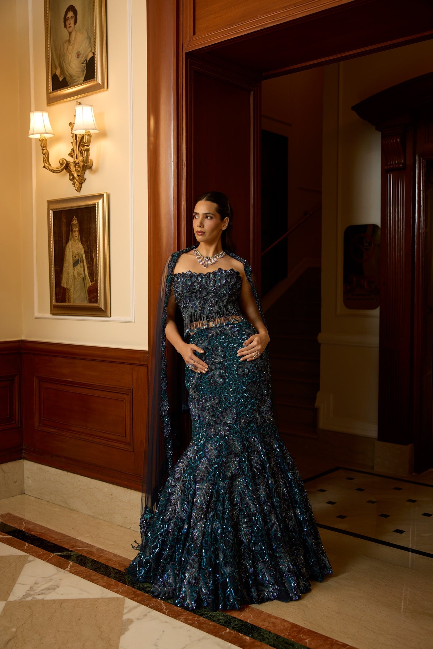 Peacock Blue Violet Fishcut Lehenga Corset Set