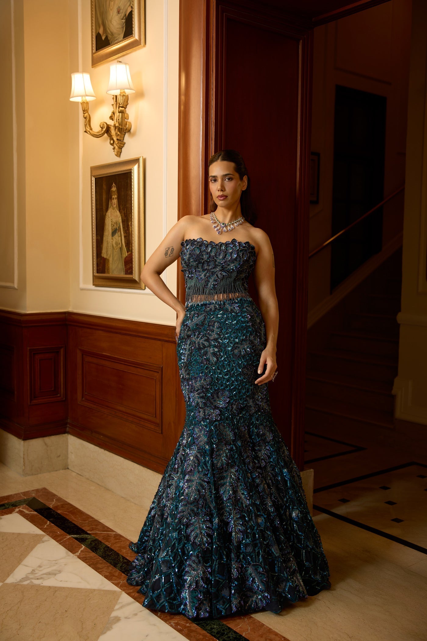 Peacock Blue Violet Fishcut Lehenga Corset Set