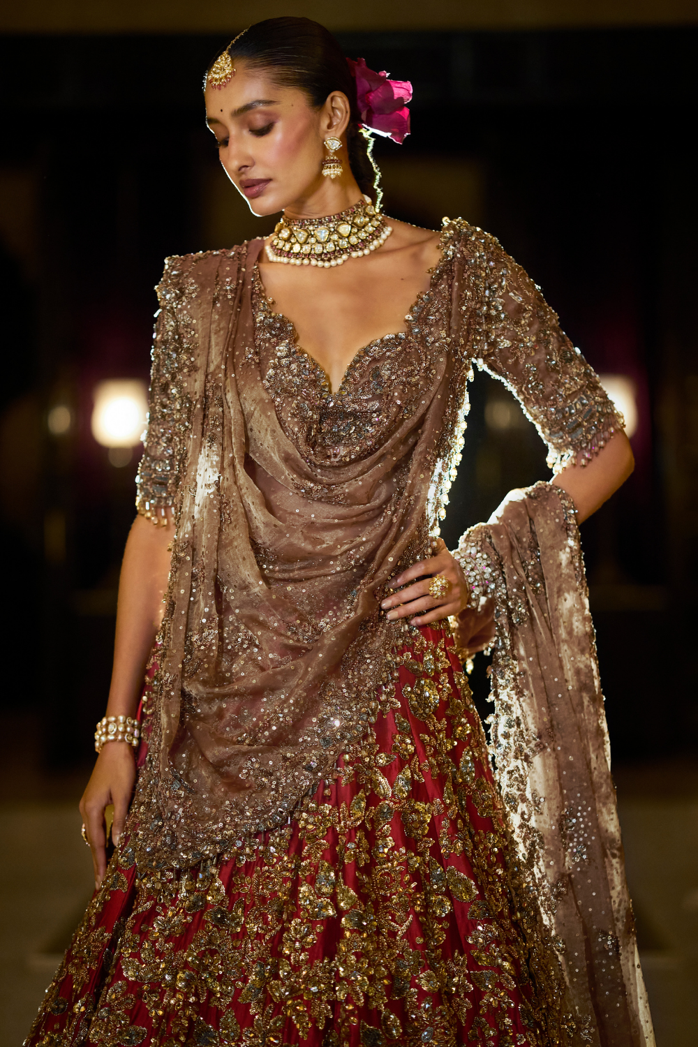 Antique Gold Maroon Lehenga Set