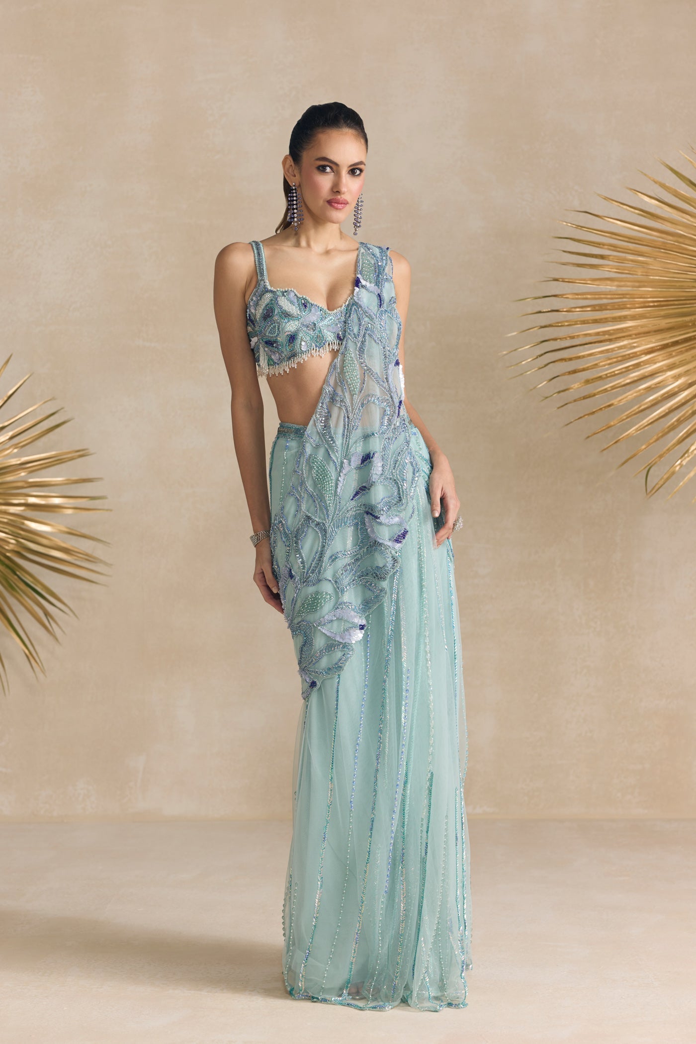 Powder Blue Pre Draped Saree