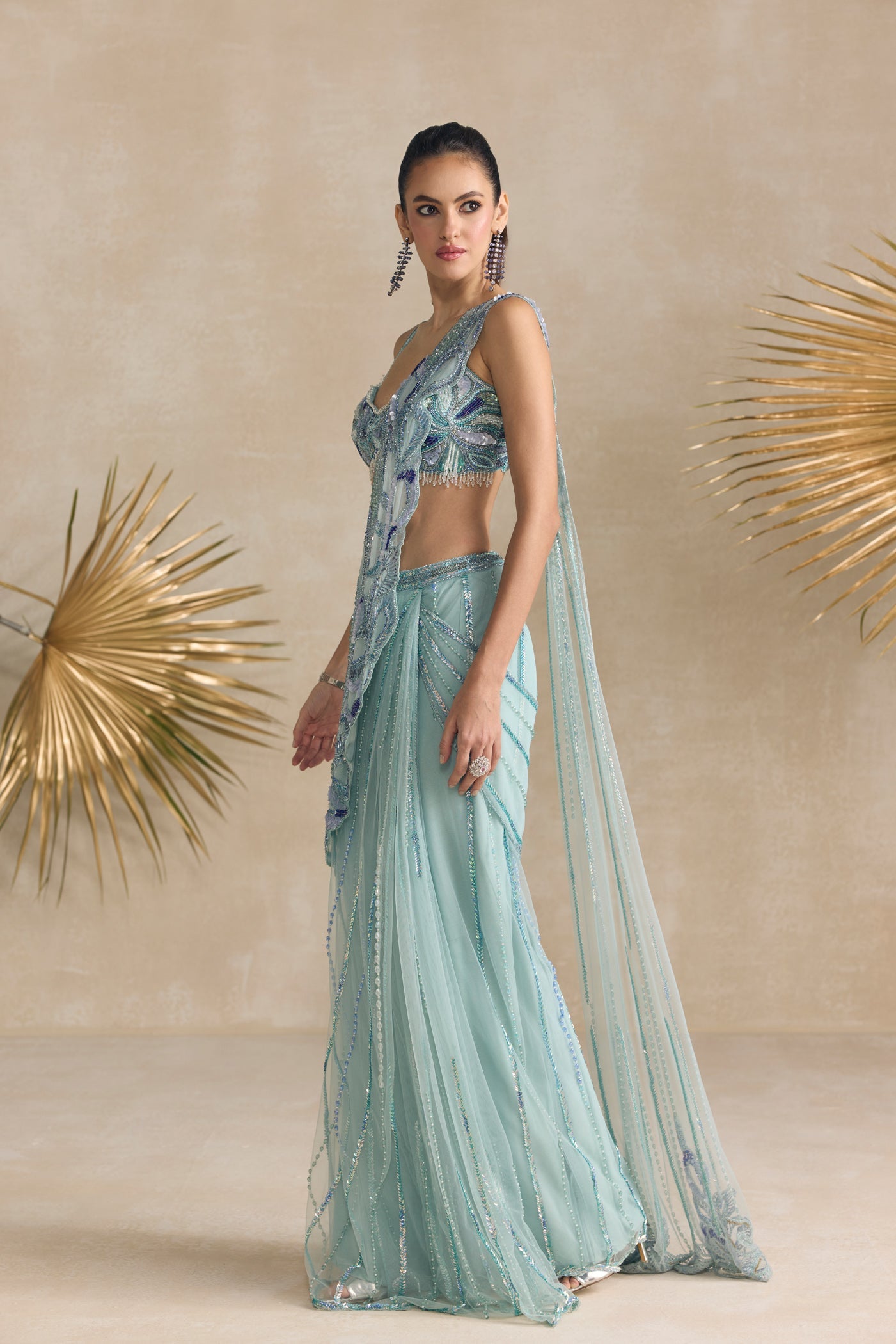 Powder Blue Pre Draped Saree