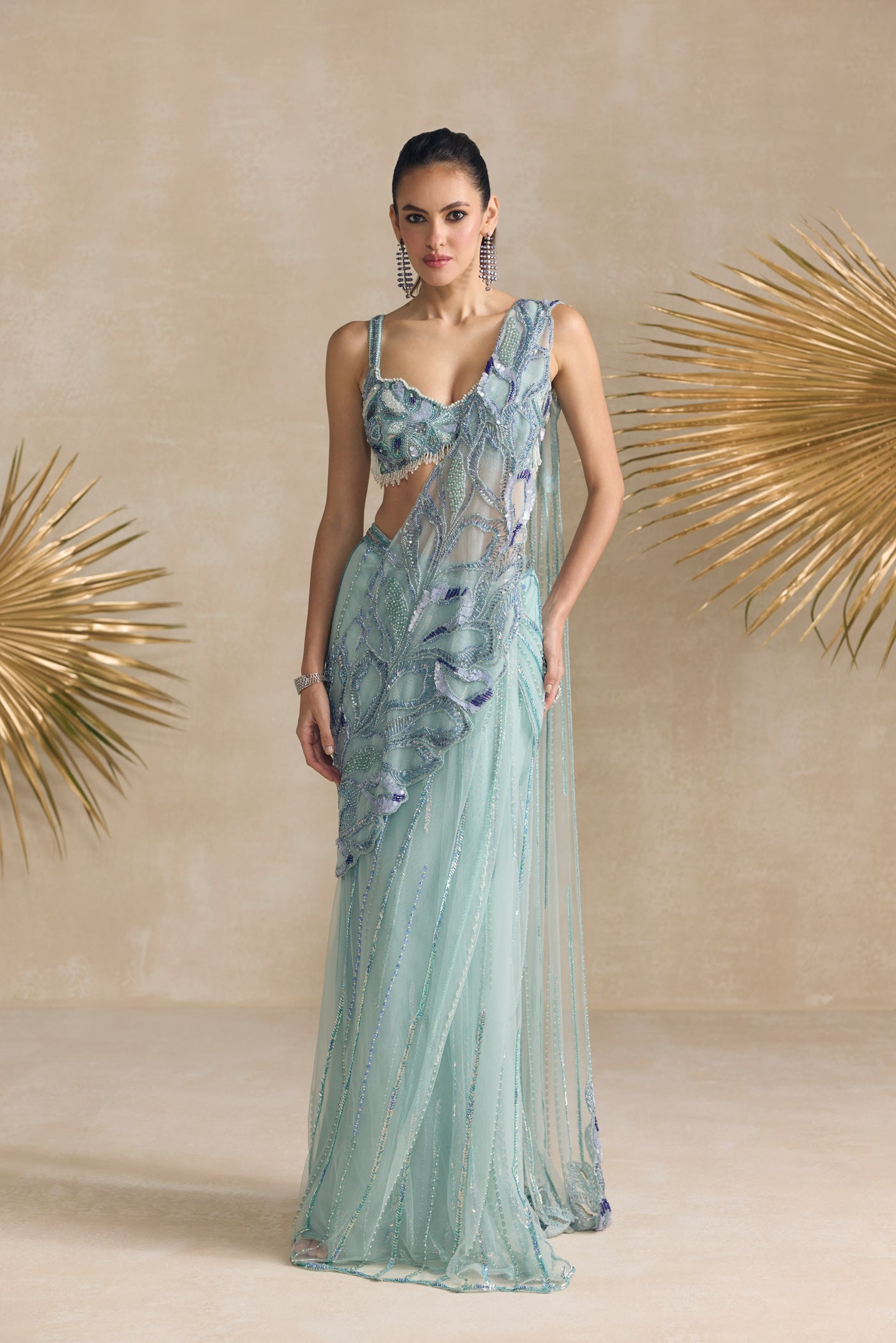 Powder Blue Pre Draped Saree