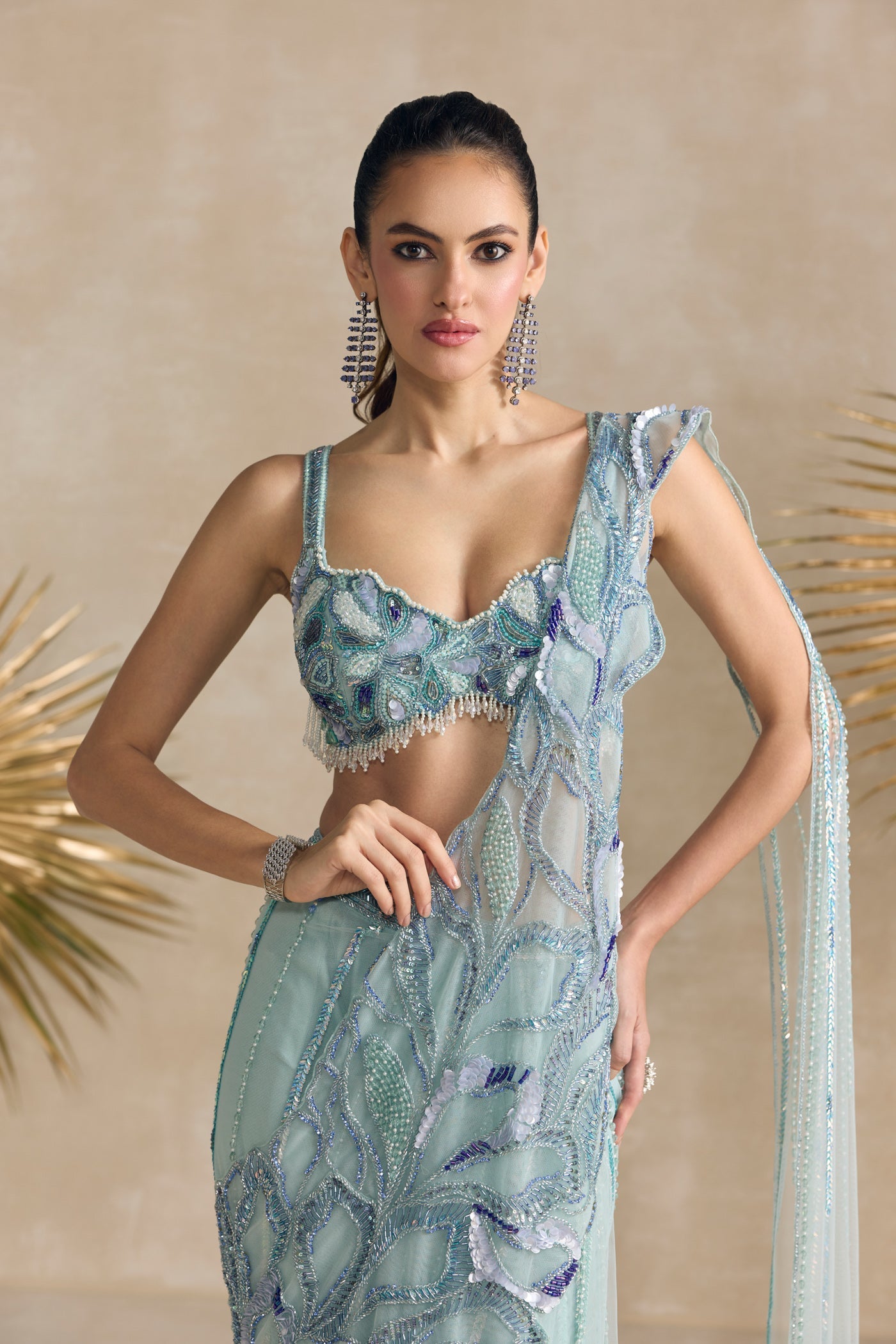 Powder Blue Pre Draped Saree