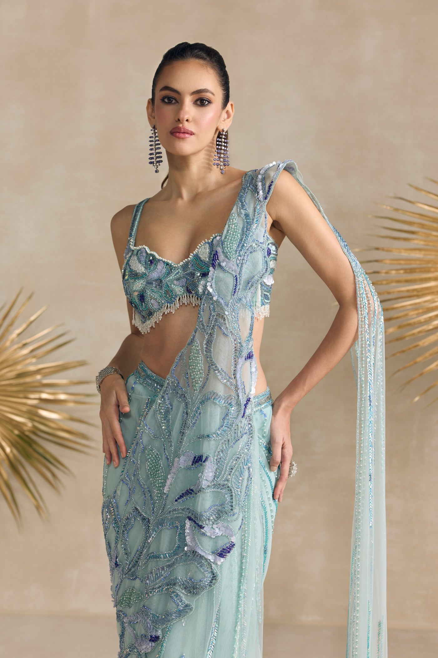 Powder Blue Pre Draped Saree