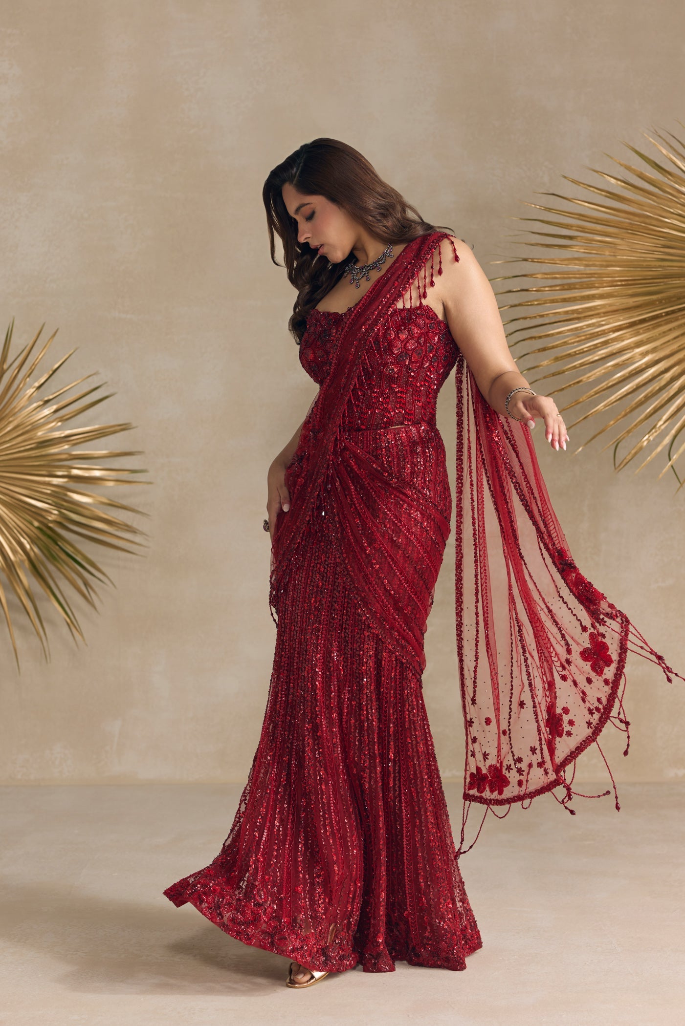 Red Corset Pre Draped Saree
