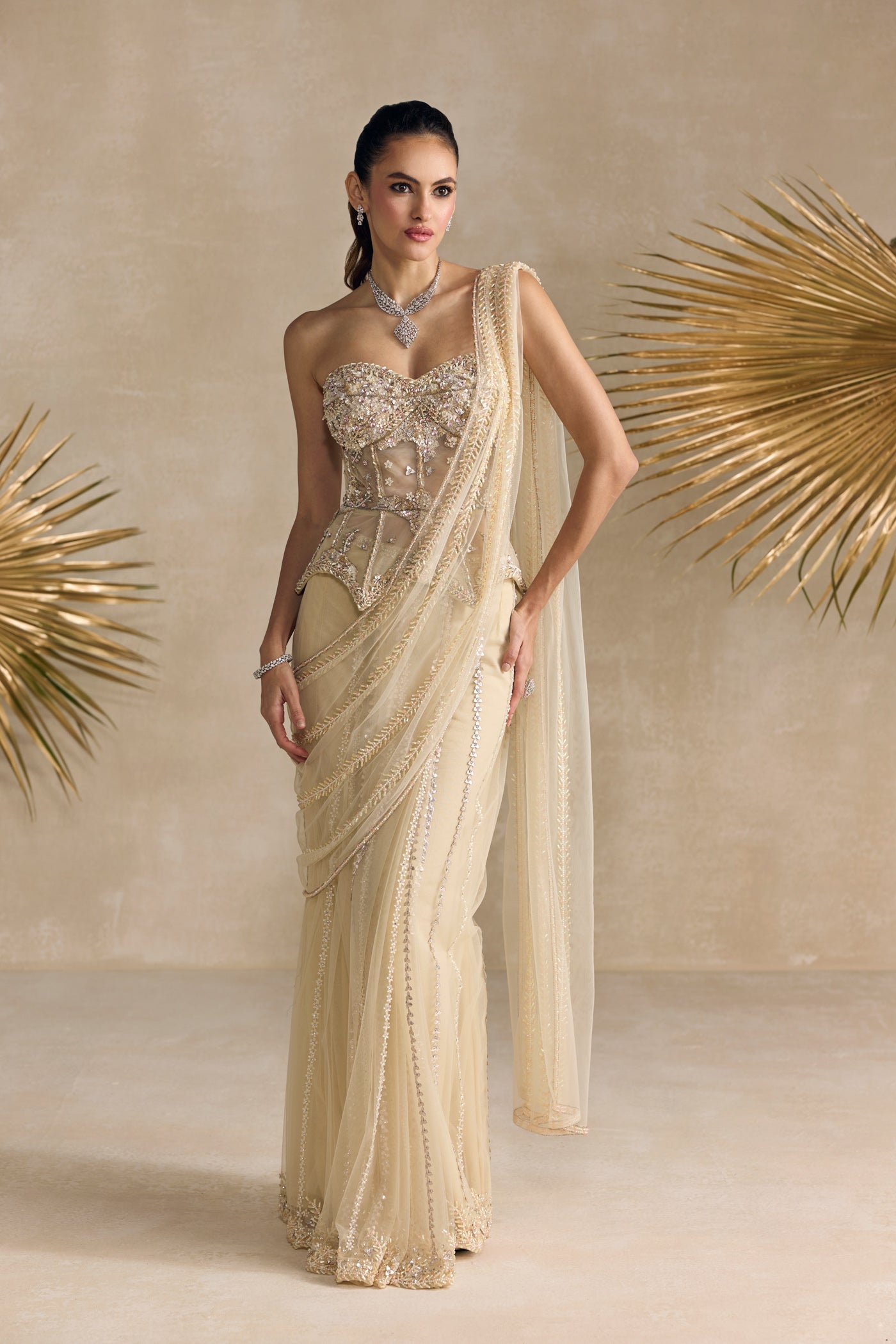 Ivory Peplum Corset Draped Saree