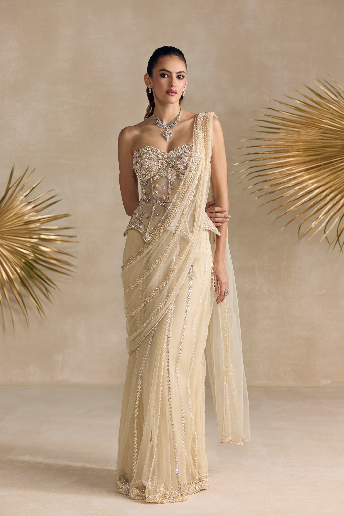 Ivory Peplum Corset Draped Saree