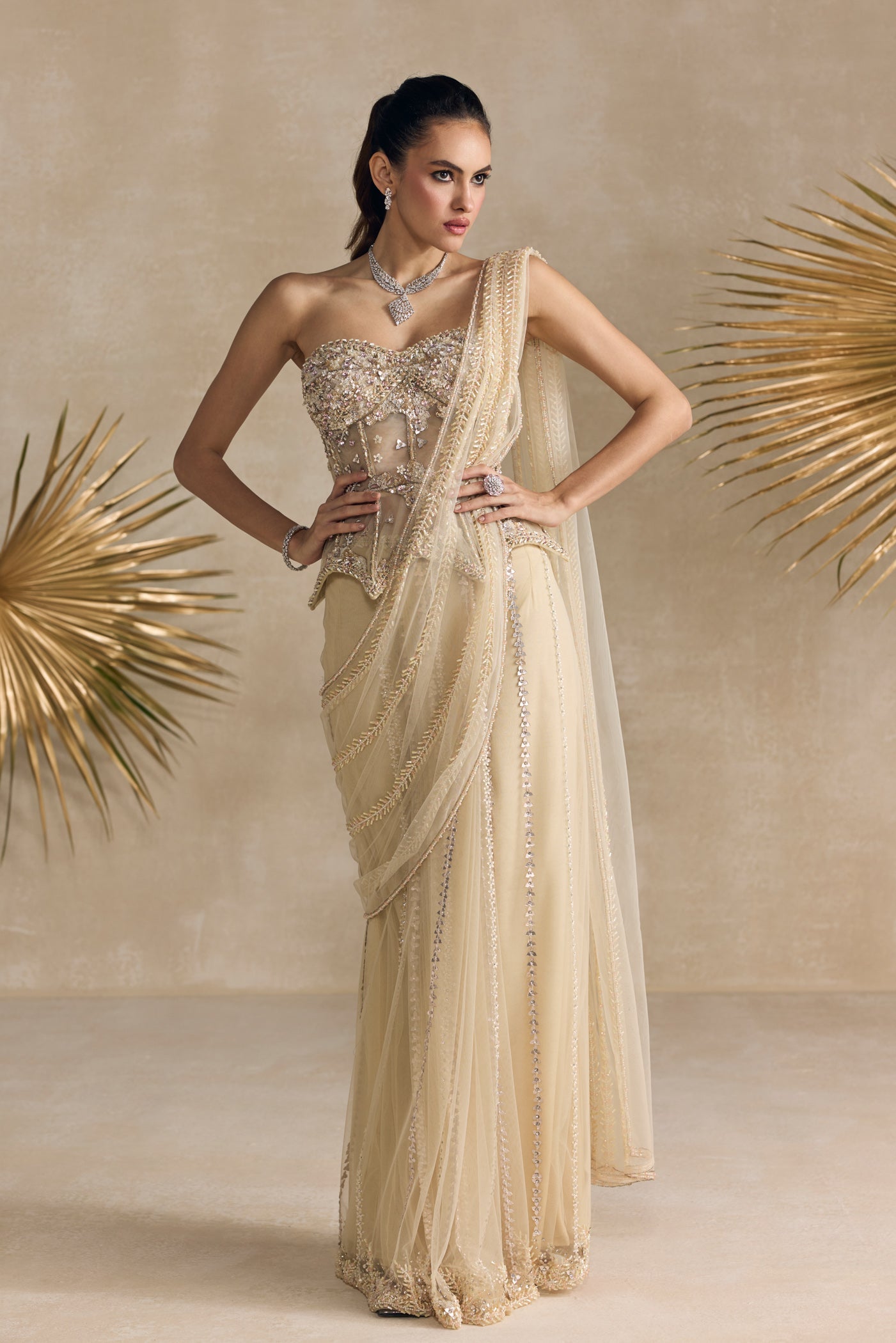 Ivory Peplum Corset Draped Saree