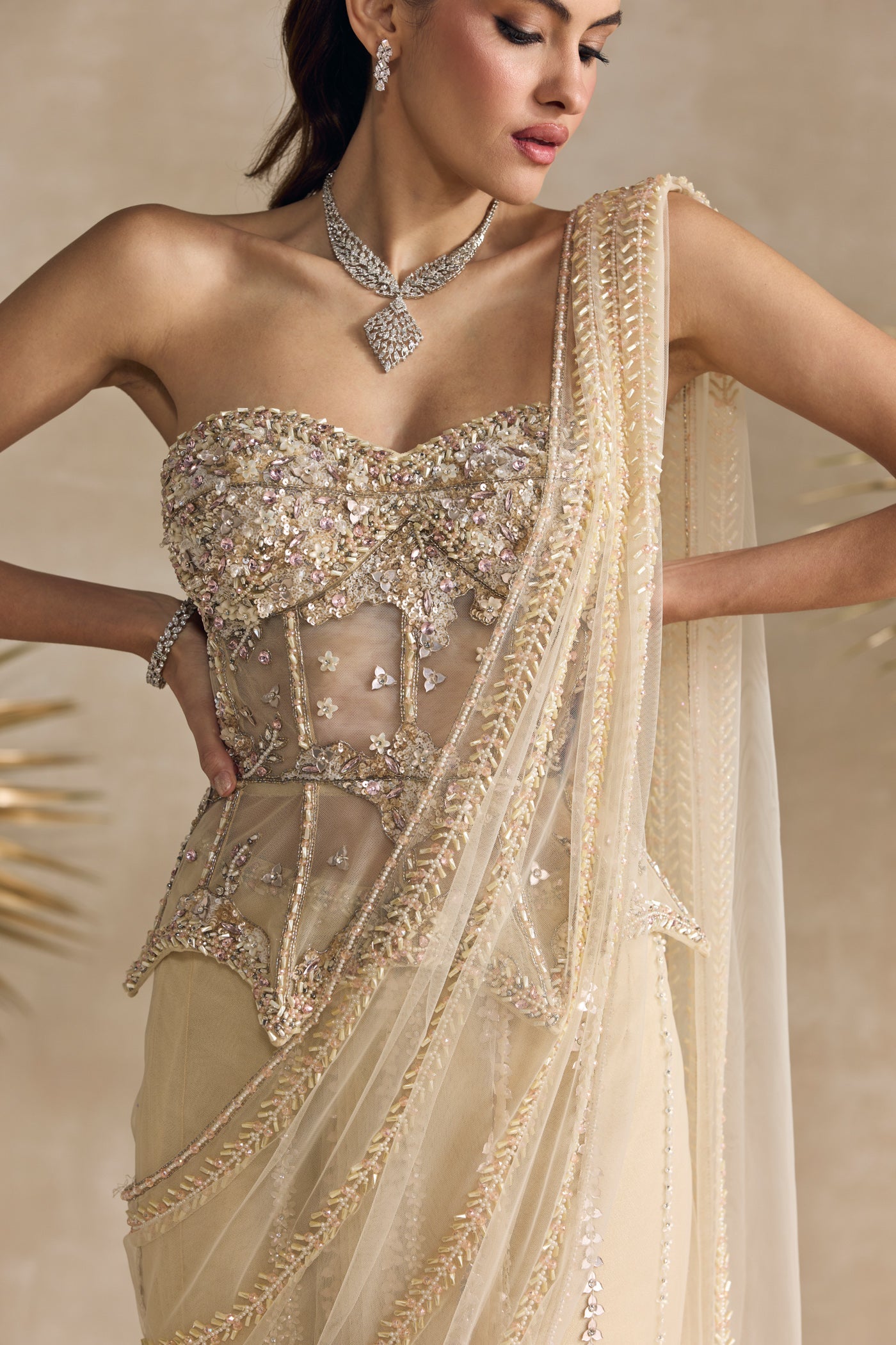 Ivory Peplum Corset Draped Saree