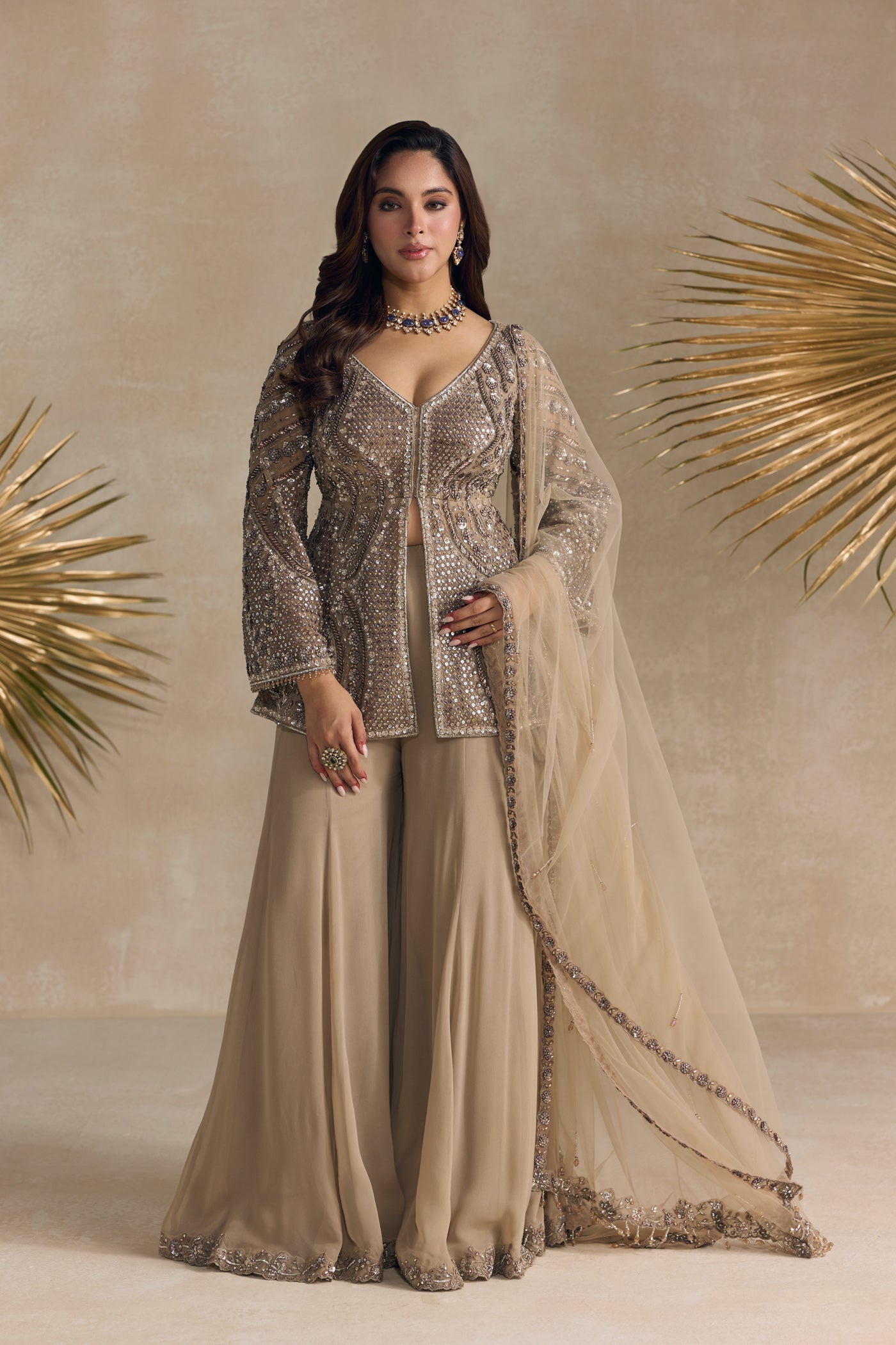 Dull Brown And Silver Peplum Sharara Set