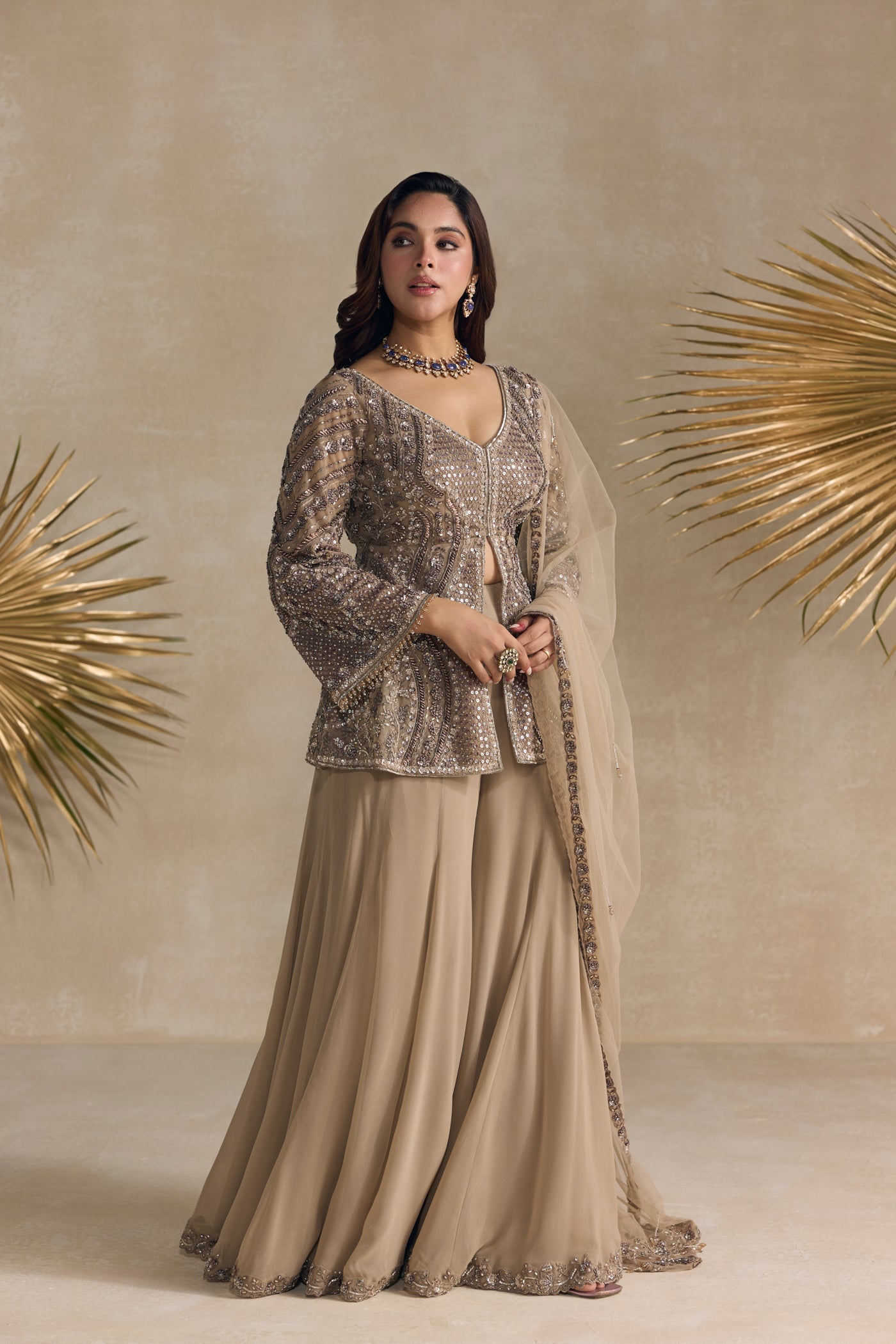 Dull Brown And Silver Peplum Sharara Set