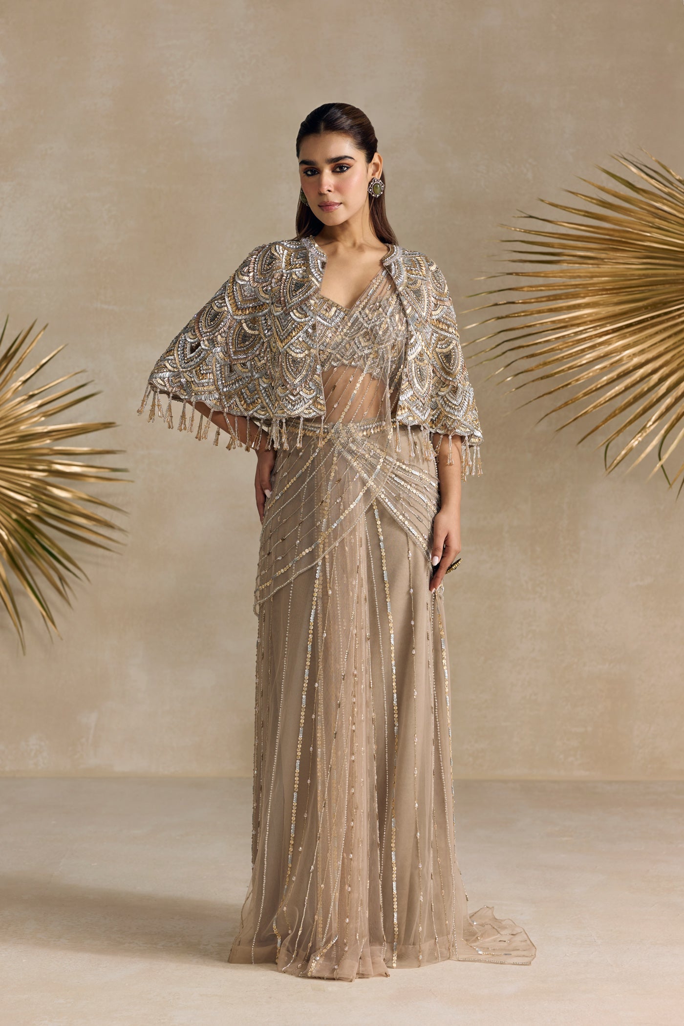 Gold Cape Pre Draped Saree Set