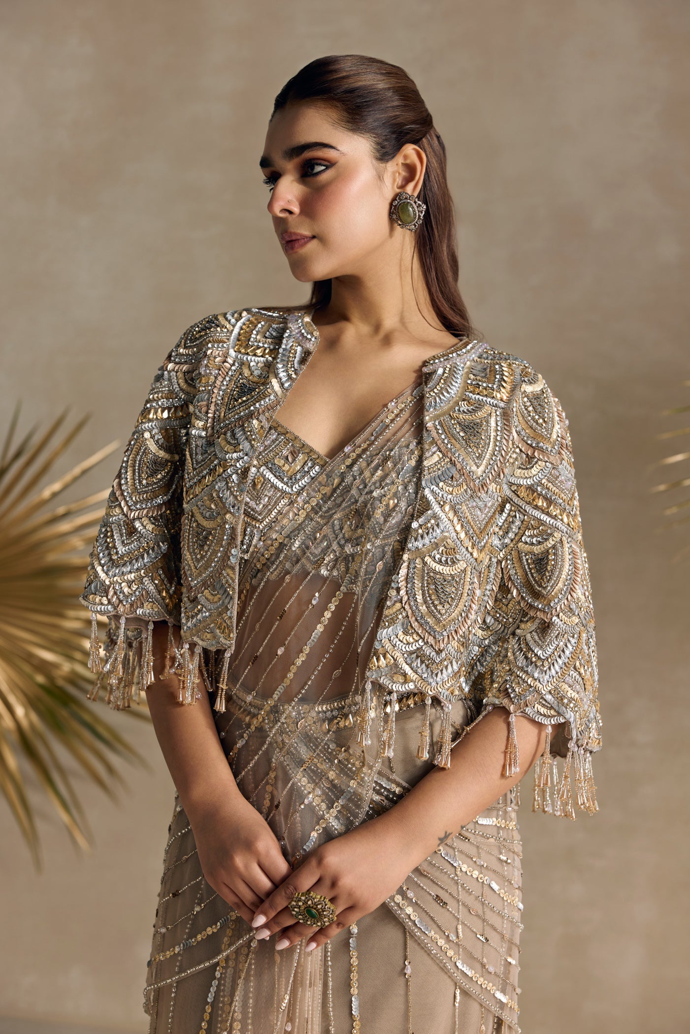 Gold Cape Pre Draped Saree Set