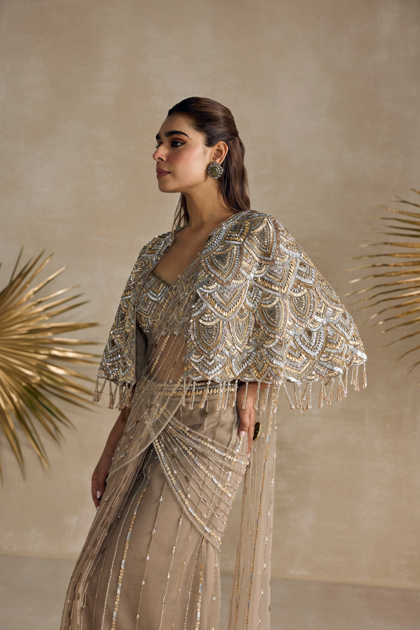 Gold Cape Pre Draped Saree Set