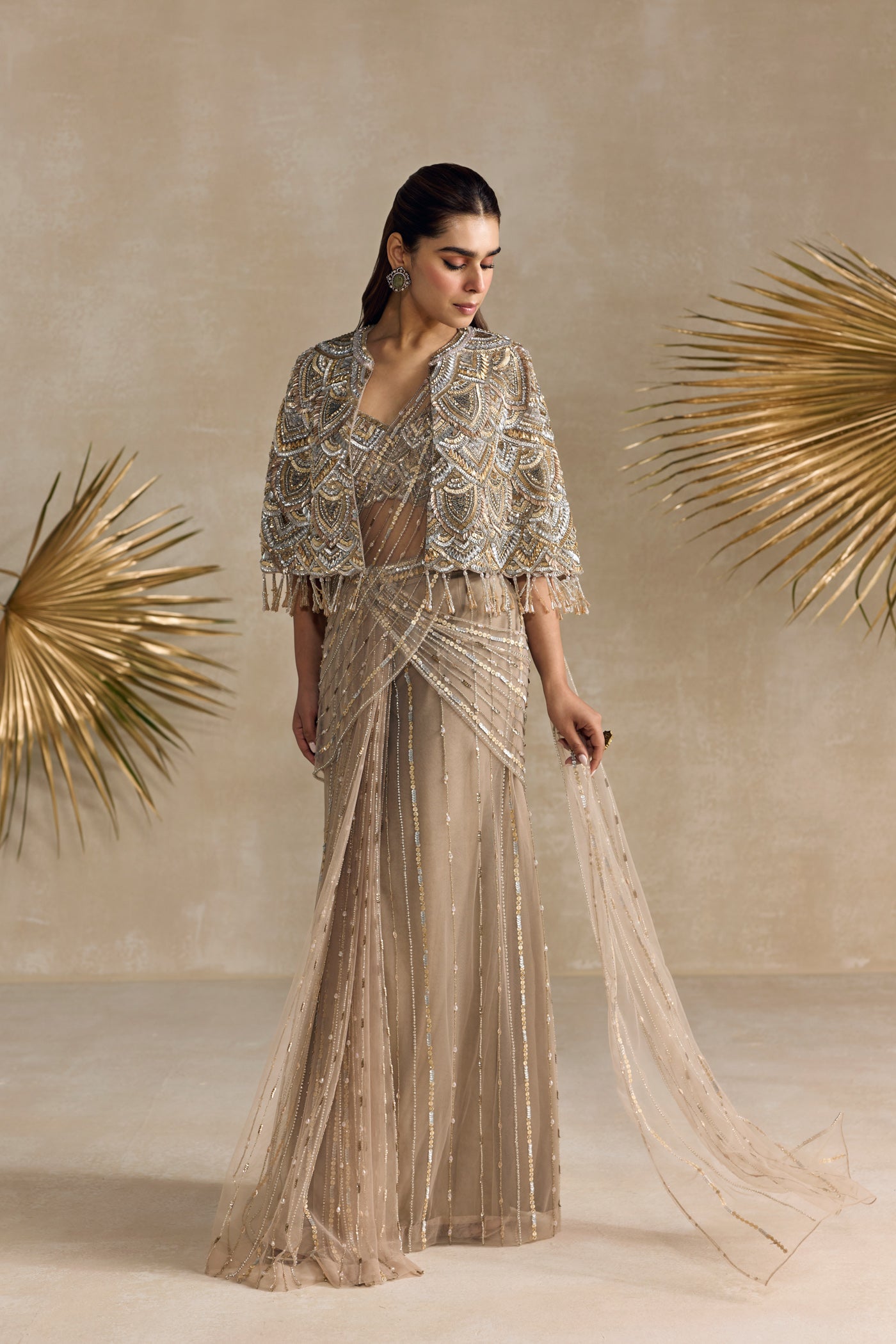 Gold Cape Pre Draped Saree Set