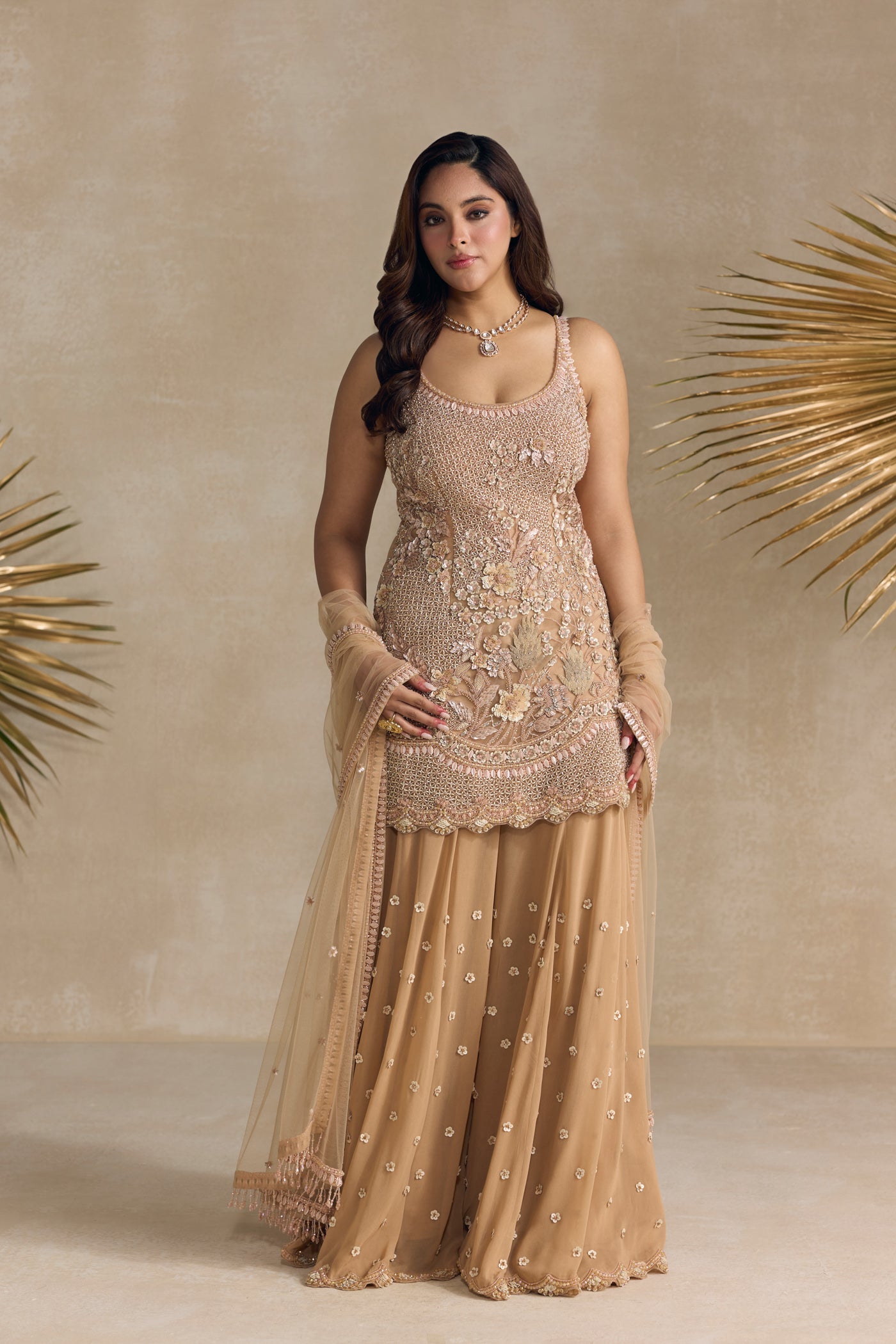 Peach Embellished Sharara Set