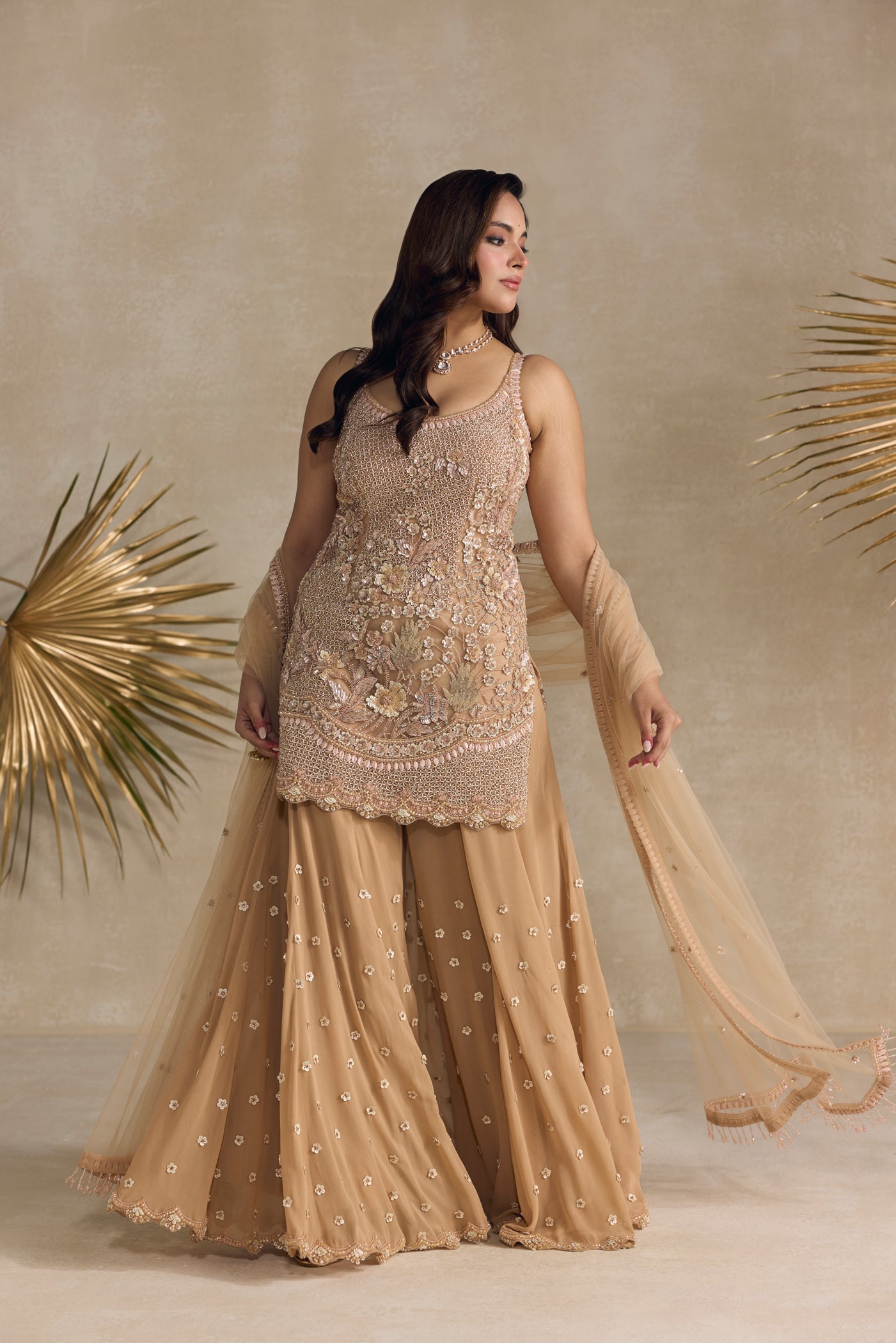 Peach Embellished Sharara Set