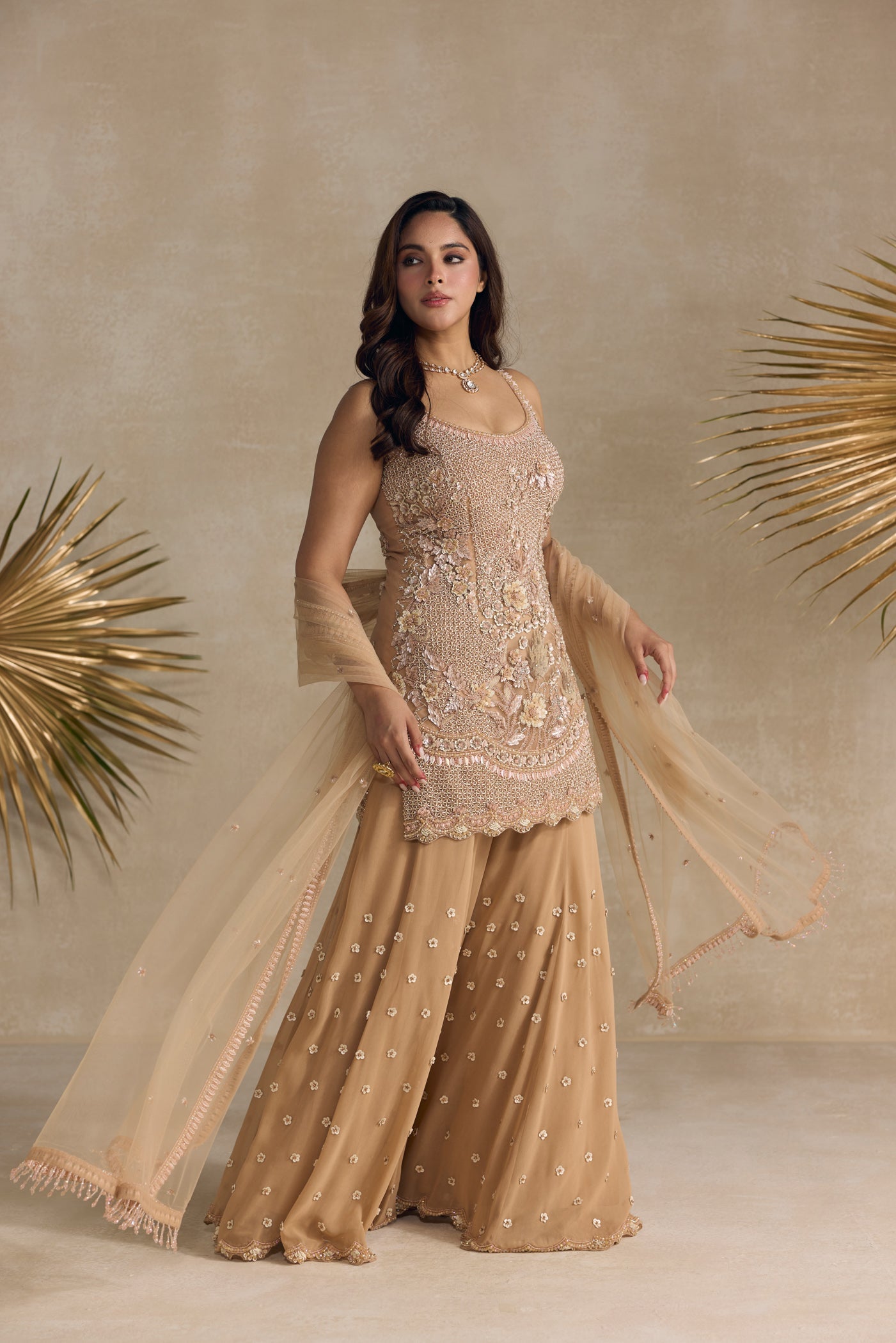 Peach Embellished Sharara Set