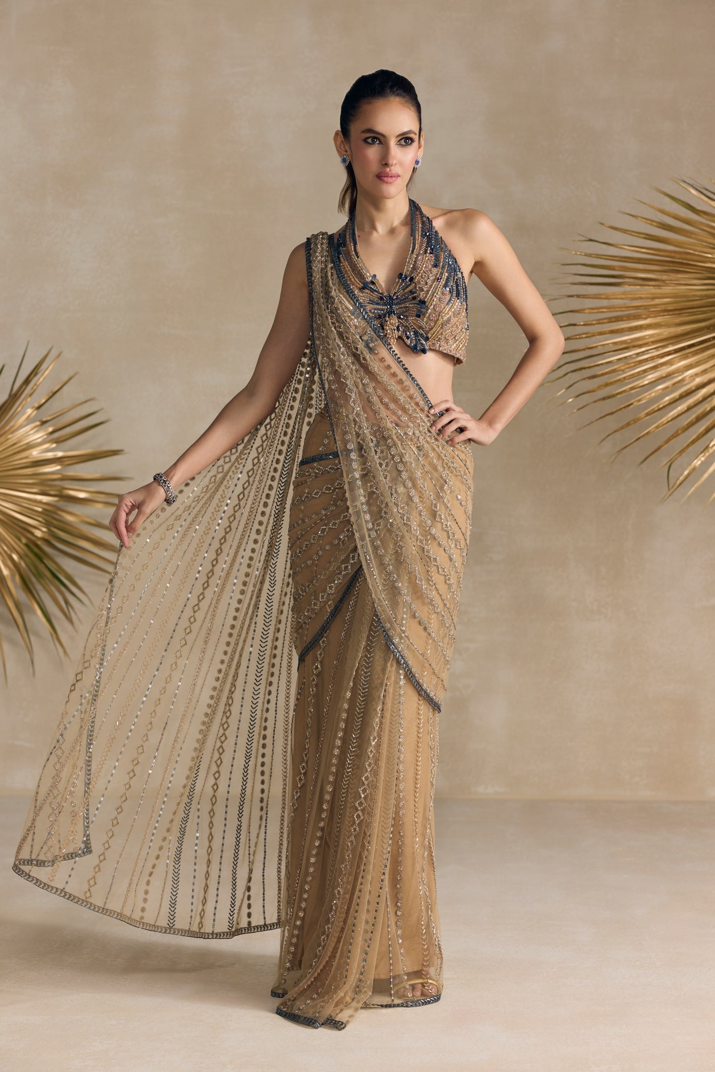 Gold Blue Pre Draped Saree