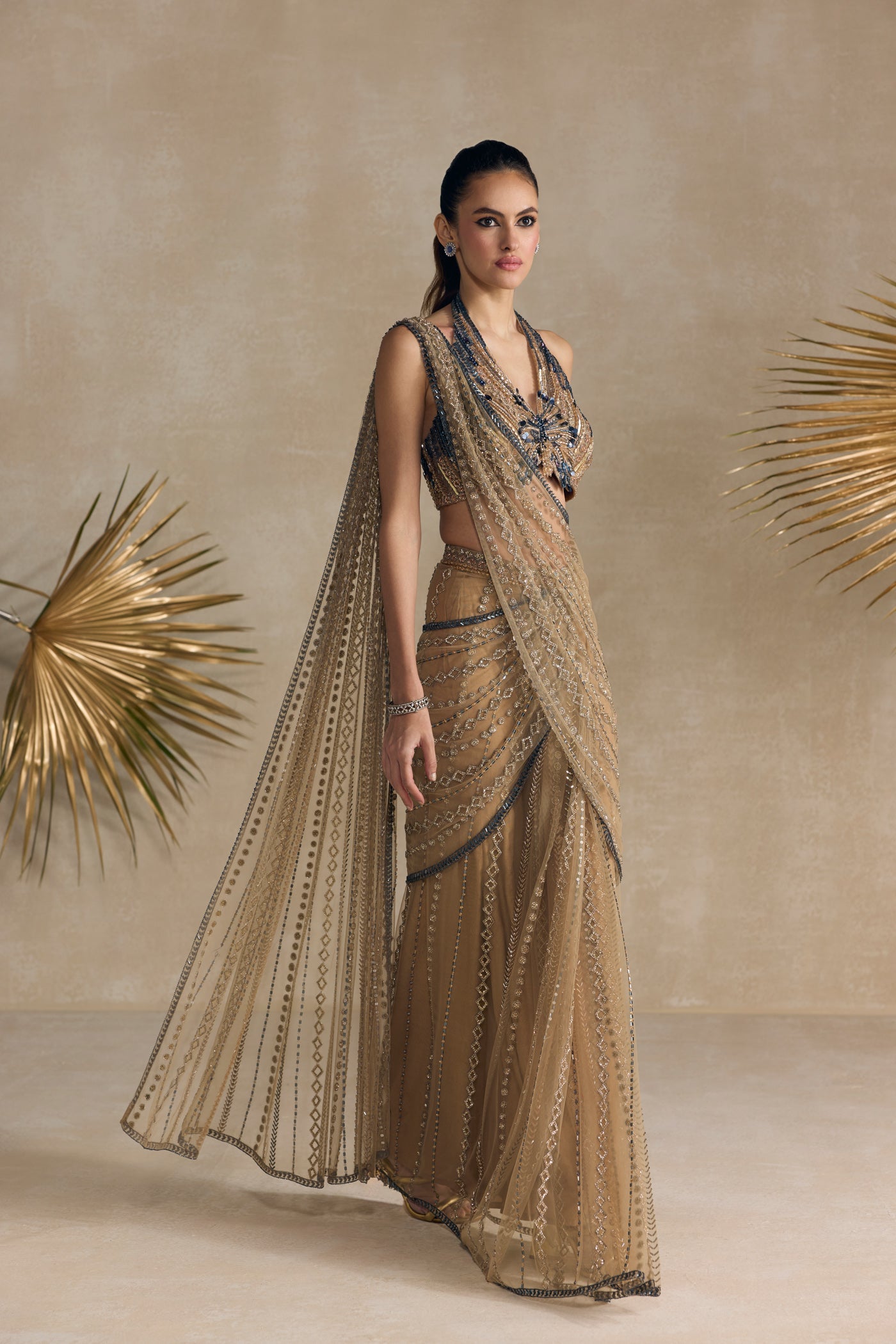Gold Blue Pre Draped Saree