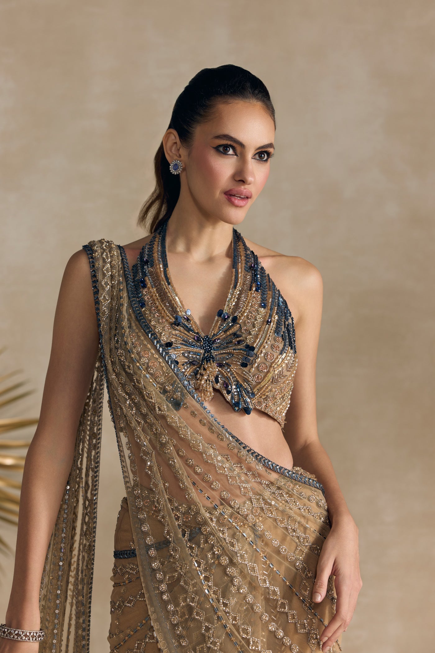 Gold Blue Pre Draped Saree