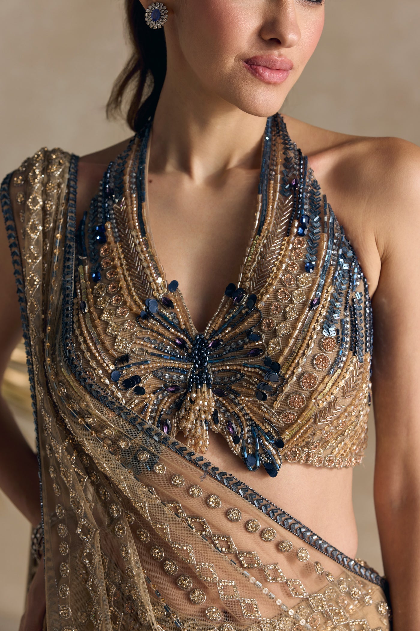 Gold Blue Pre Draped Saree